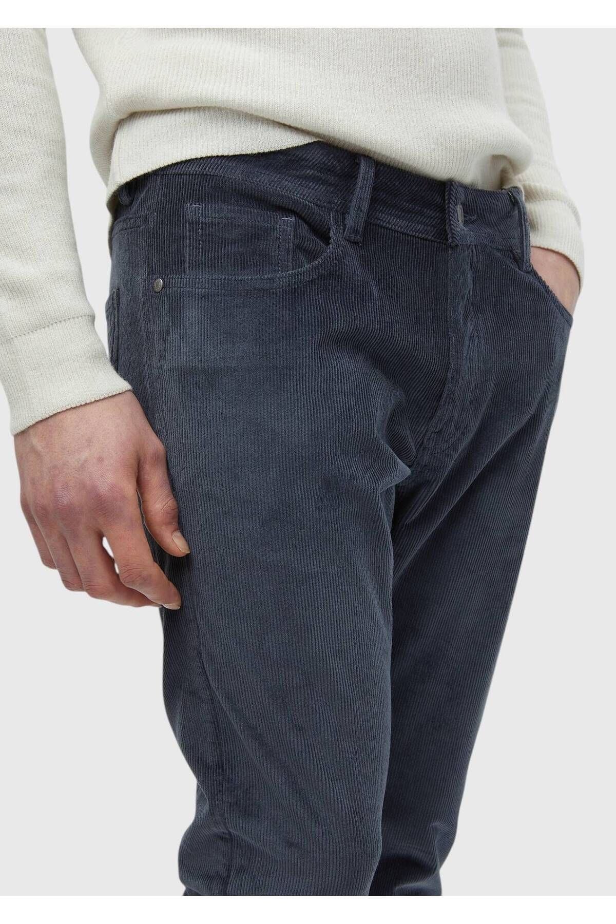 Ramsey-Μπλε ριγέ υφαντό Slim Fit Velvet Casual βαμβακερό παντελόνι 3