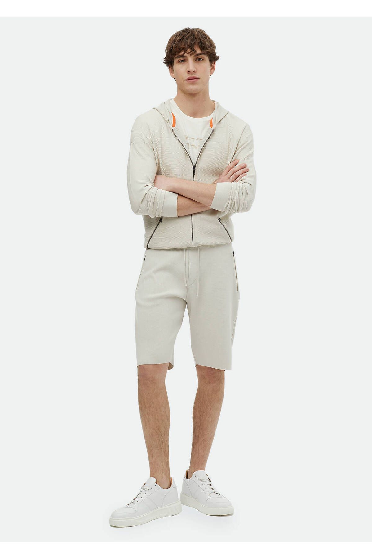 Bej Düz Örme Regular Fit Spor Bermuda - 2