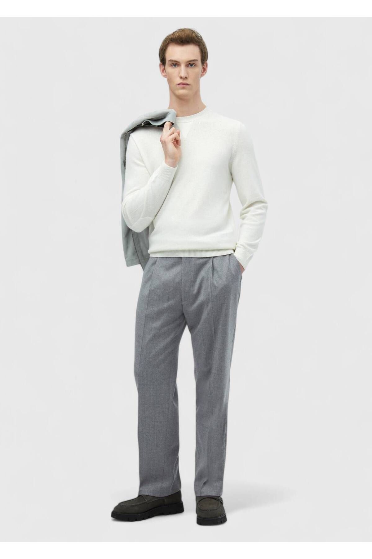 Ramsey-Ecru Crew Neck Plain Knitted Wool Blended Knitwear 3