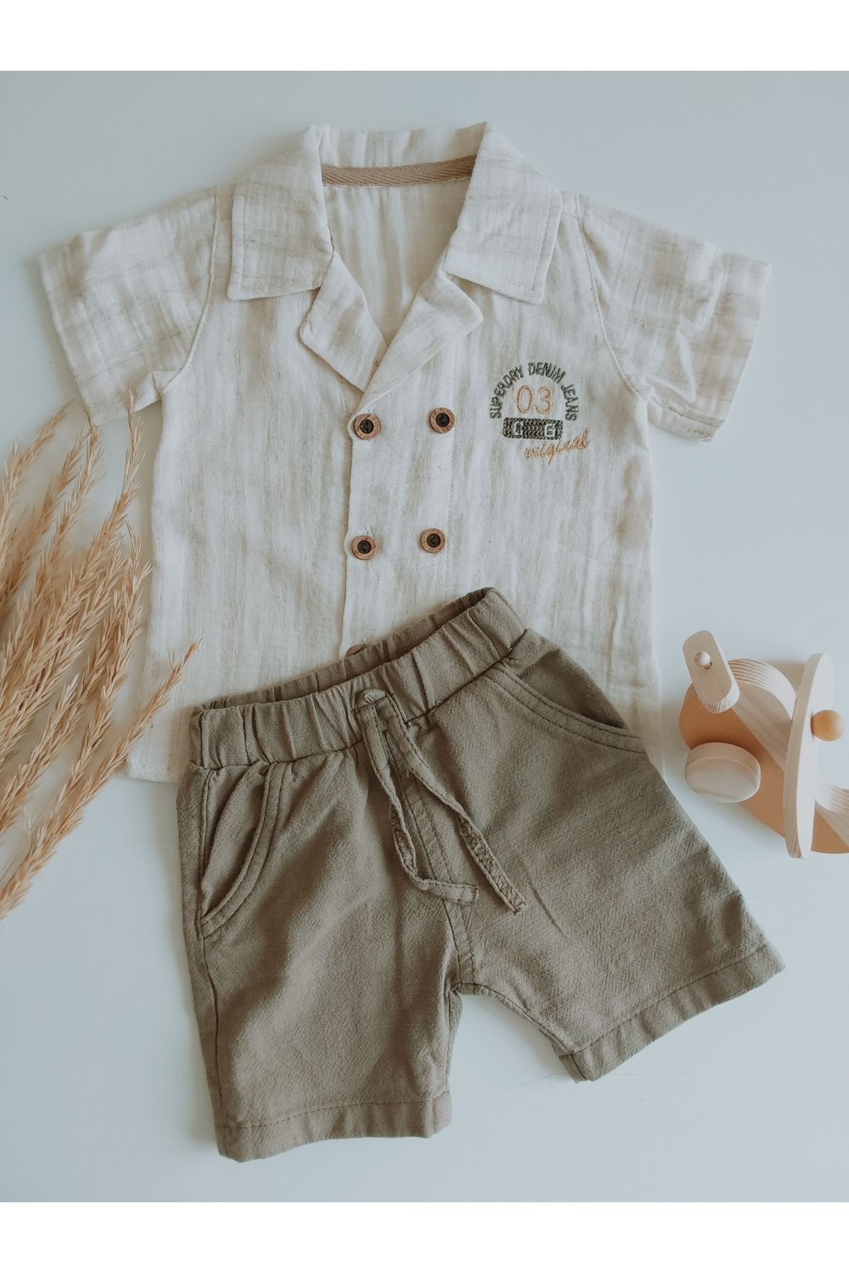 damdamin-Baby Boys Double Breasted Lapel Double Button Shirt & Cotton/Linen Shorts Set 4
