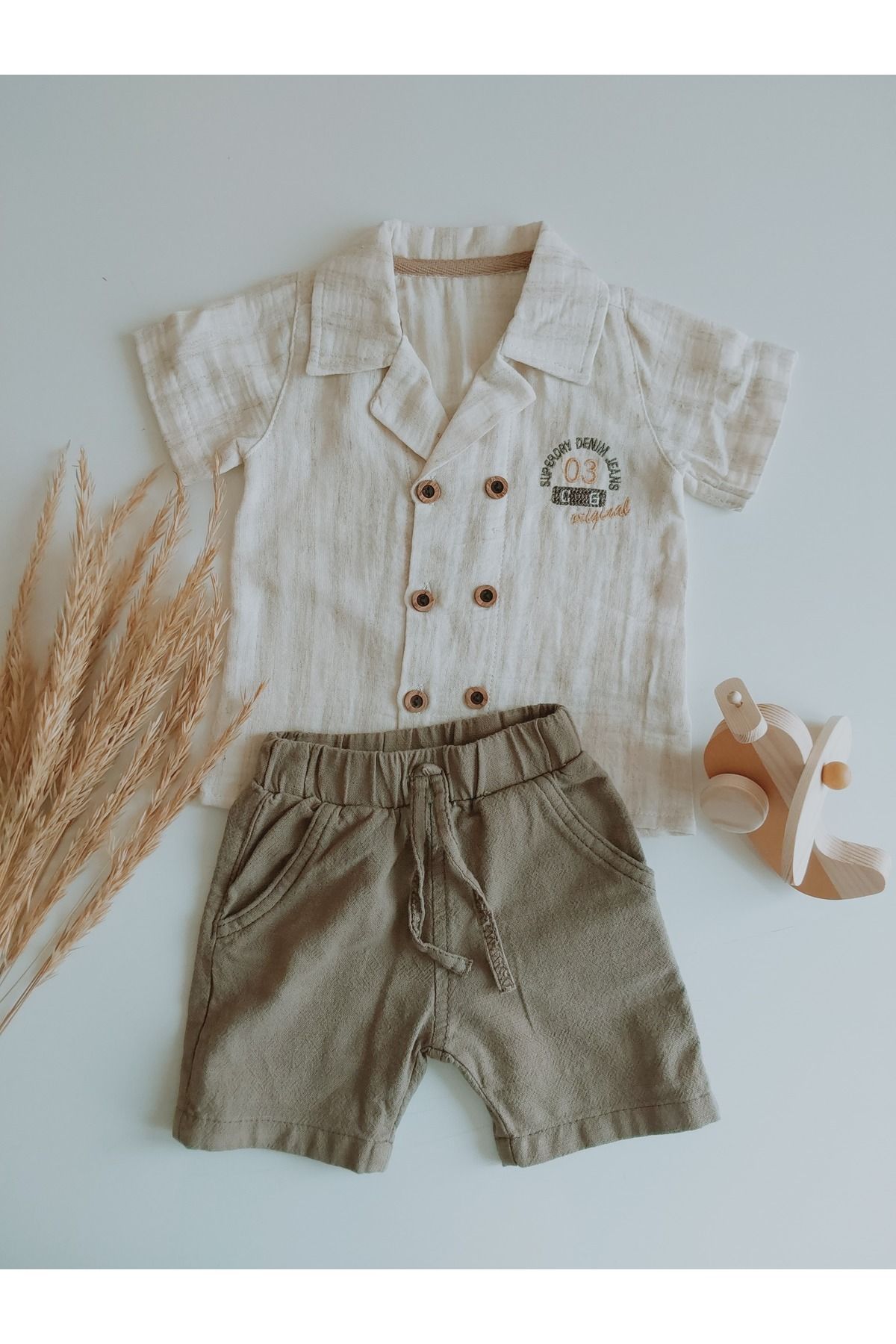 damdamin-Baby Boys Double Breasted Lapel Double Button Shirt & Cotton/Linen Shorts Set 2