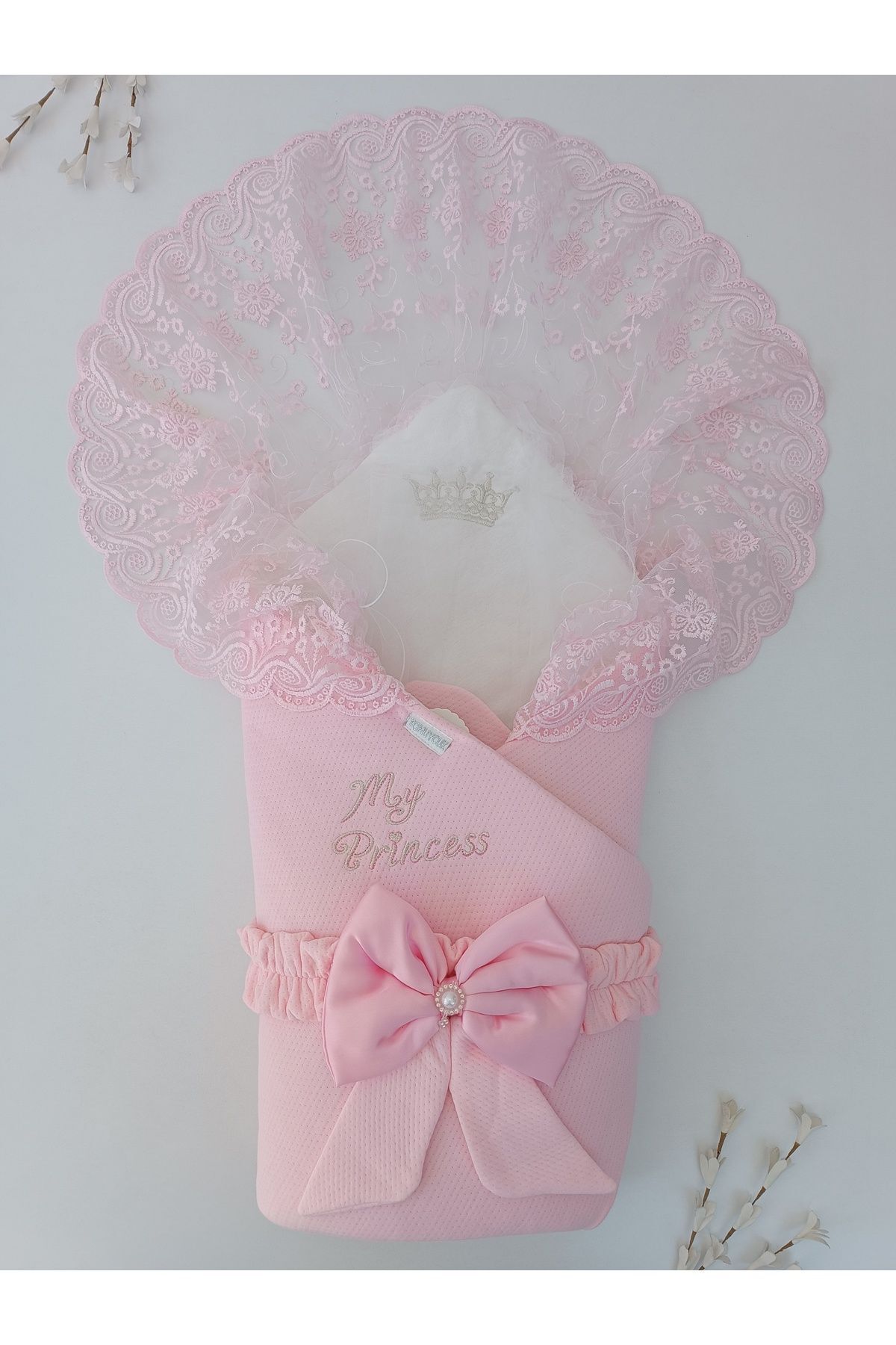Tomuycuk Dantelli Kız Bebek Battaniyesi Mevlütlük Hastane Çıkışı Yenidoğan %100 Pamuklu Organik Uyku Kundağı fotoğrafı 6 (önizleme)