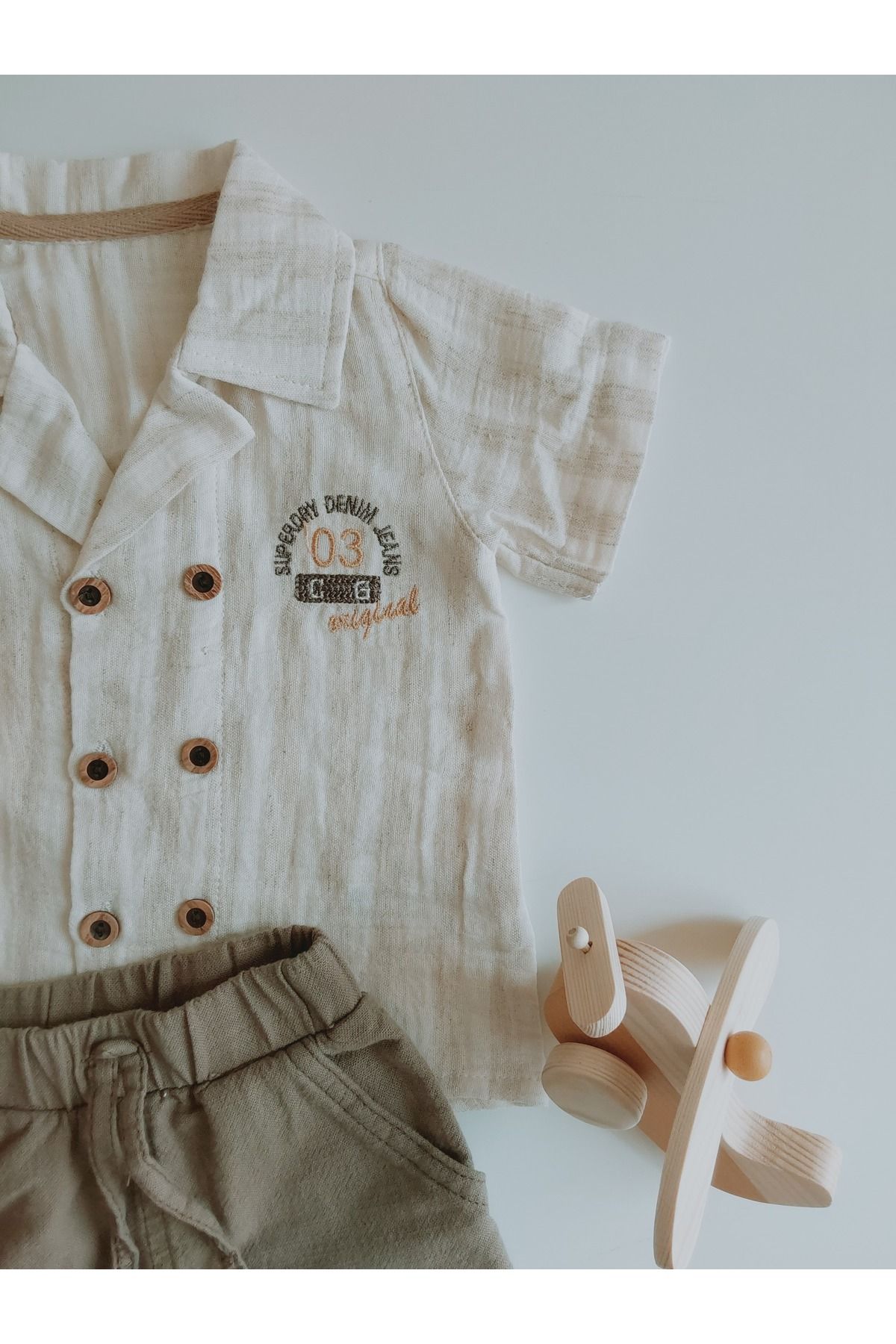 damdamin-Baby Boys Double Breasted Lapel Double Button Shirt & Cotton/Linen Shorts Set 3