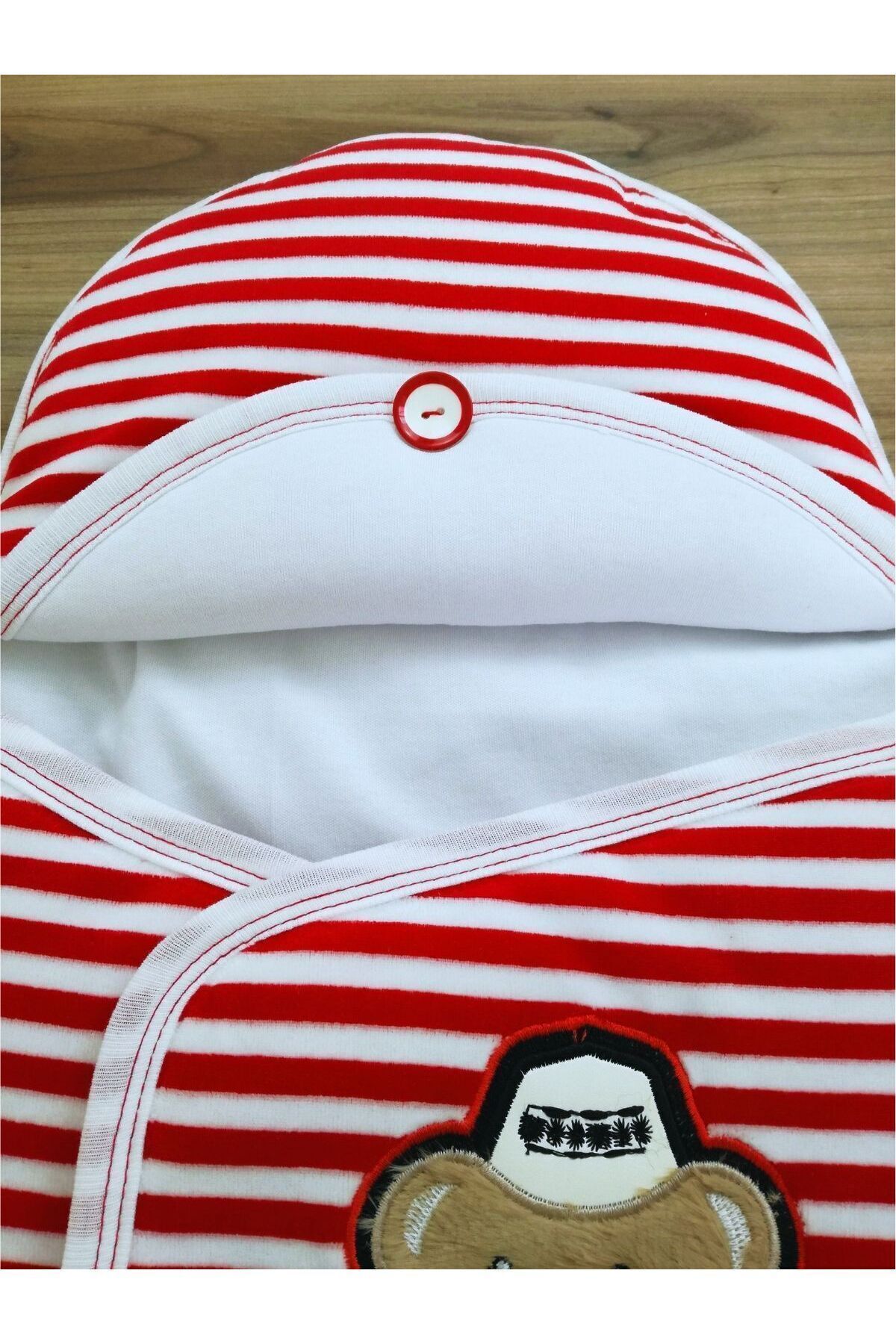 Tomuycuk Yenidoğan Unisex Ayaklı Bebek Kundağı Ve Uyku Tulumu - Ayıcık Nakışlı & Kırmızı Çizgili fotoğrafı 6 (önizleme)