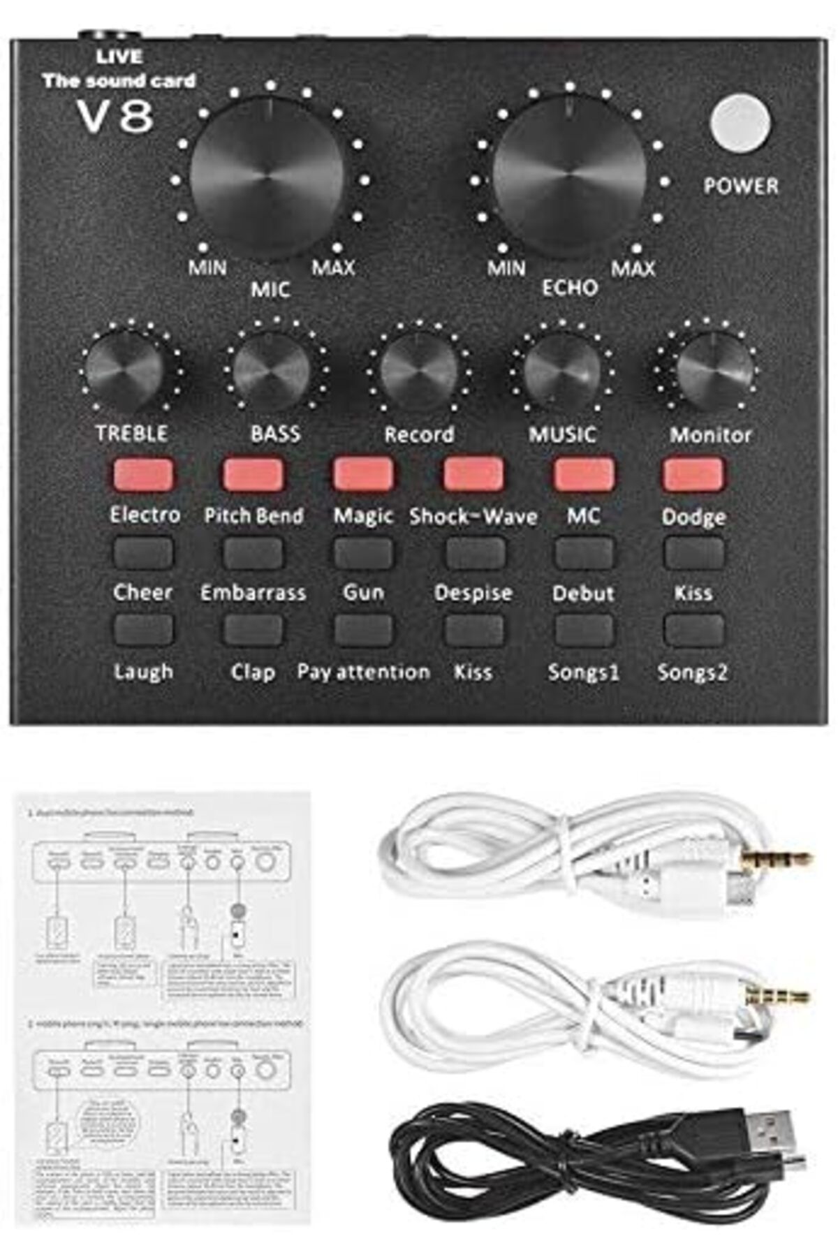 fulina-V8 Sound Card, Sound Mixer Board for Live Streaming with 12 Sound Effects, for Phone PC 5