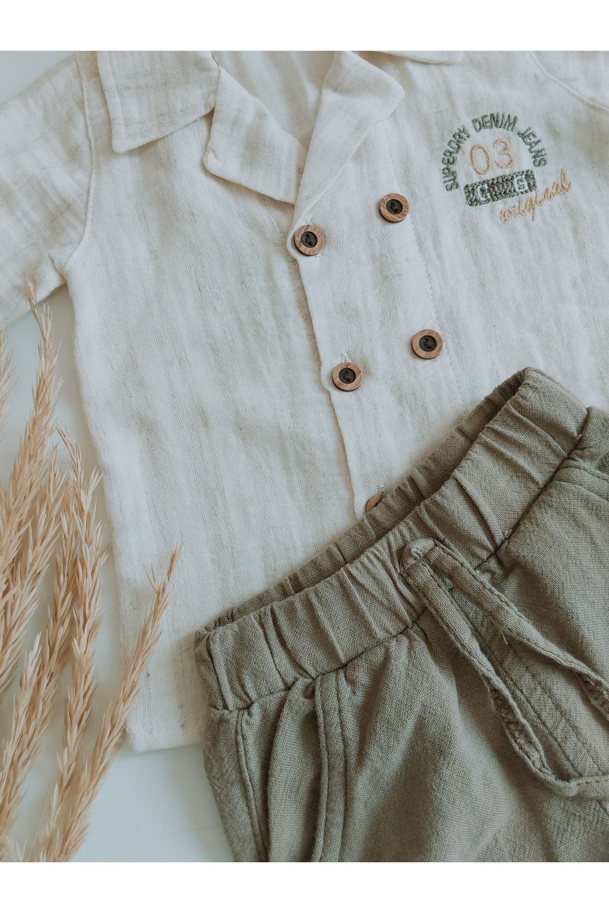 damdamin-Baby Boys Double Breasted Lapel Double Button Shirt & Cotton/Linen Shorts Set 5