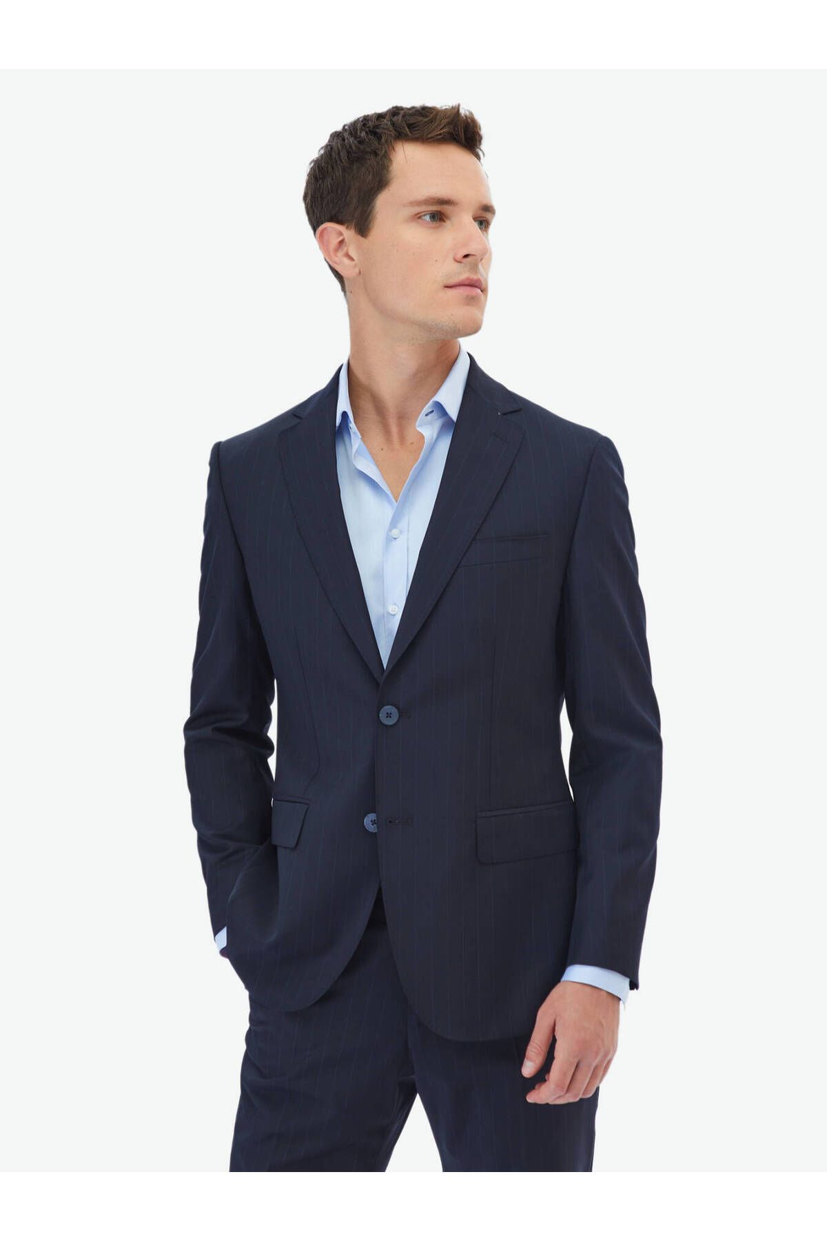 Kip Lacivert Çizgili Modern Fit Yün Karışımlı Takım Elbise