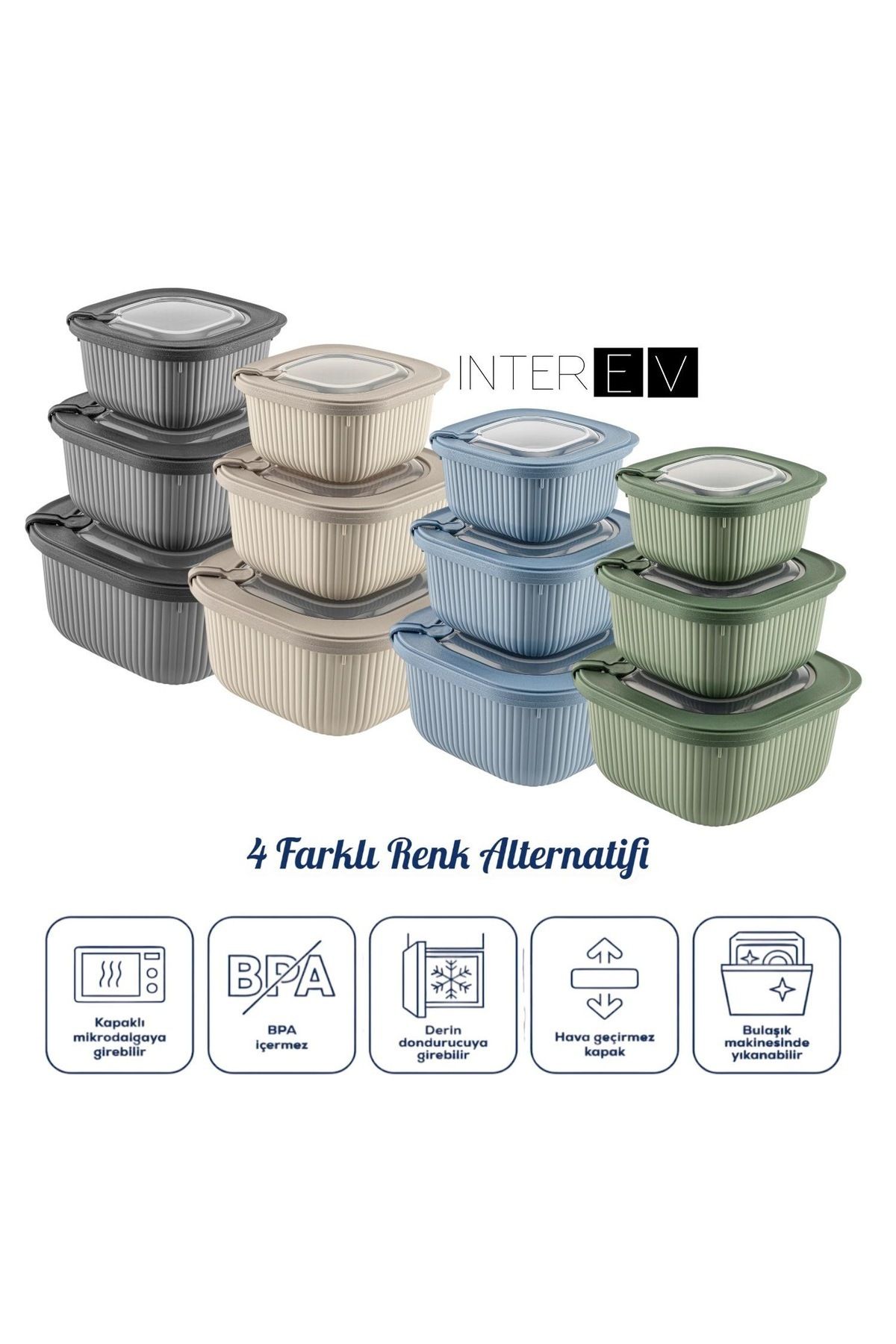 INTEREV-Set of 3 (600-1100-1800ml) Microwave and Diffuse Suitable Special Lid Storage Container Set Blue 4