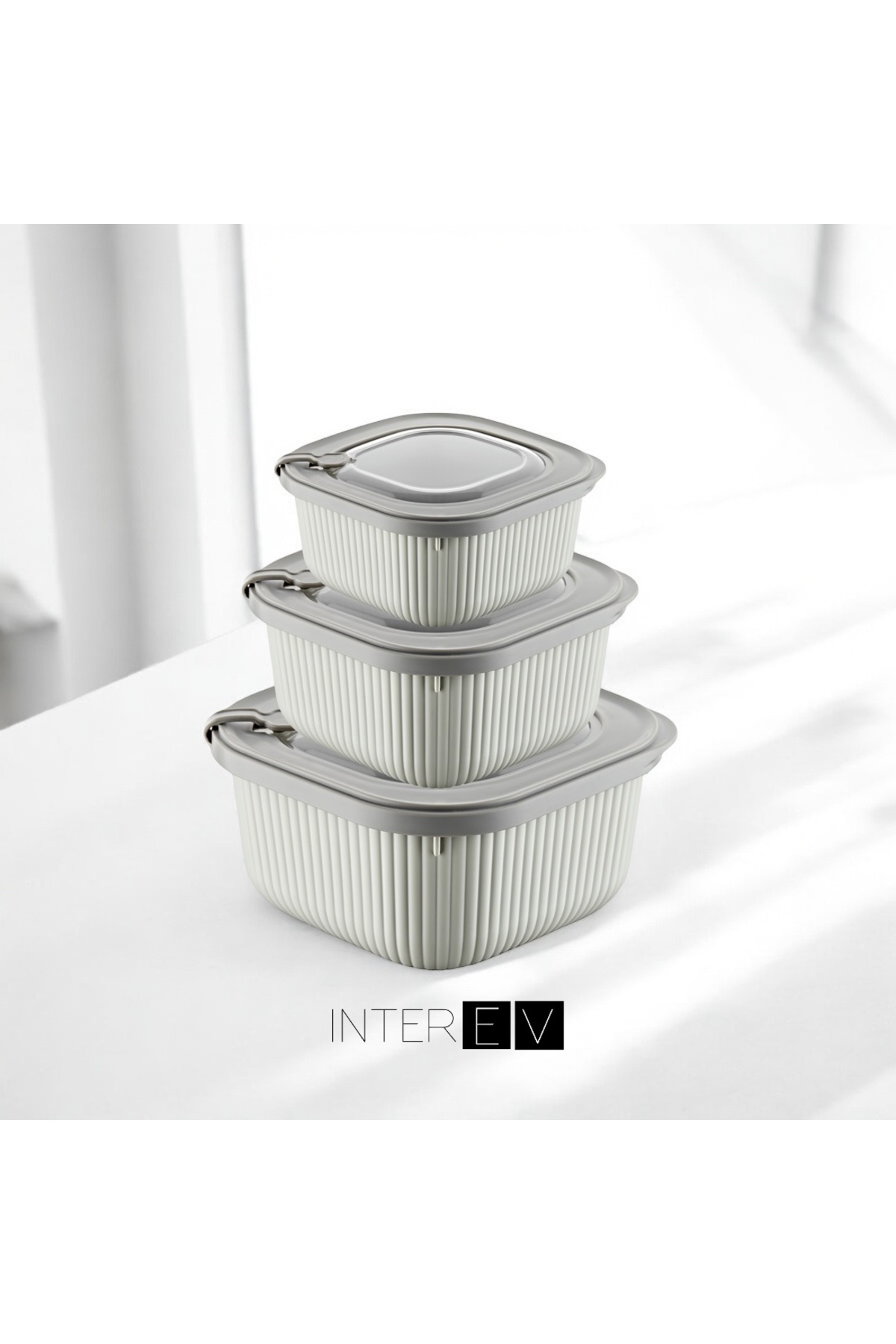 INTEREV-Beige Microwave & Diffuse Suitable 3 Unit (600-1100-1800ml) Storage Container Set 1