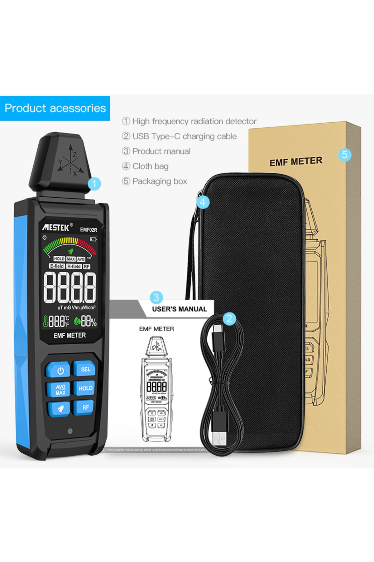 TELEHILL-EMF02R EMF02R Color Screen EMF Meter 30Mhz~8GHz High Frequency Electromagnetic Radiation Detection M 1