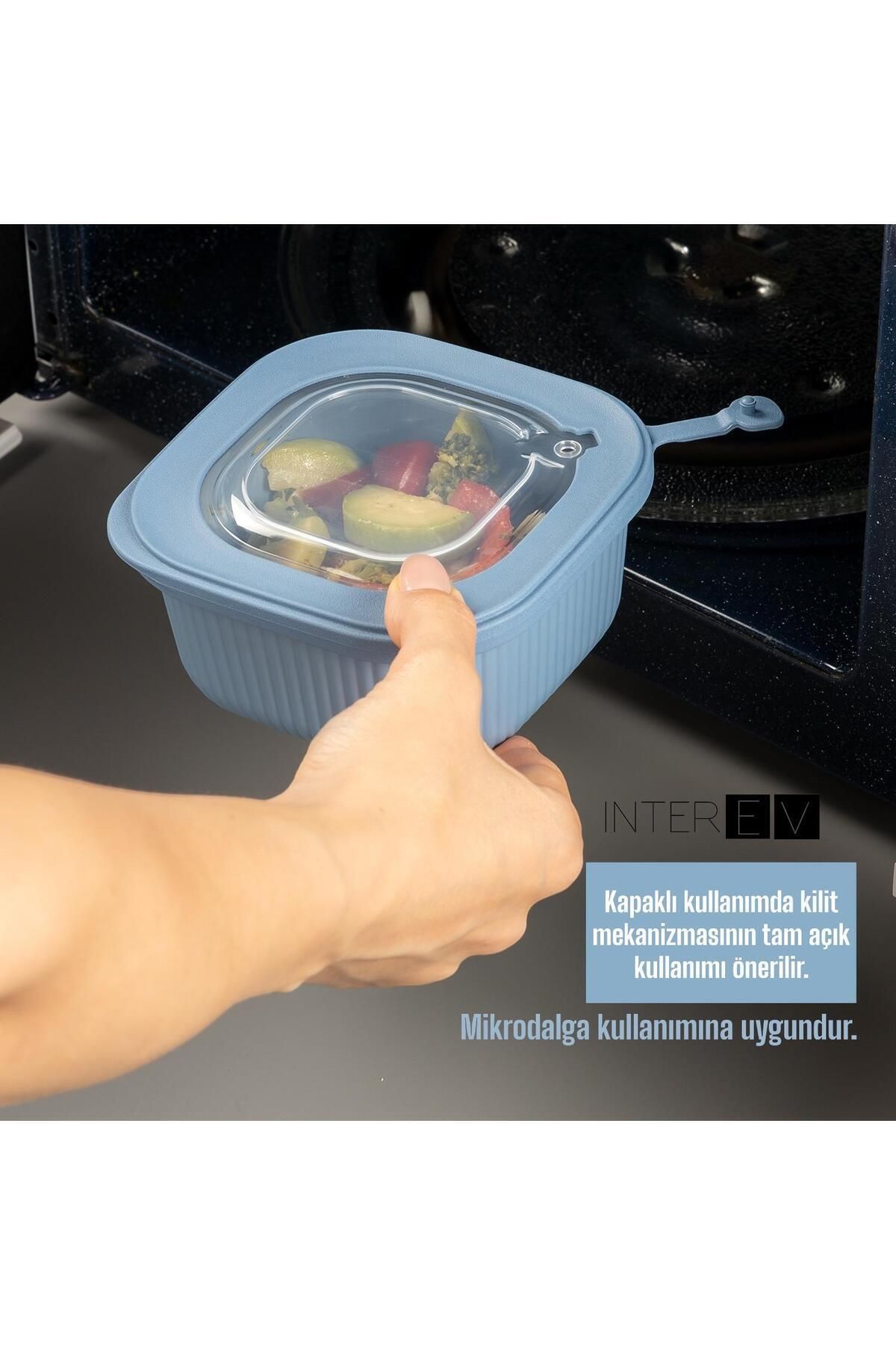 INTEREV-Set of 3 (600-1100-1800ml) Microwave and Diffuse Suitable Special Lid Storage Container Set Blue 5
