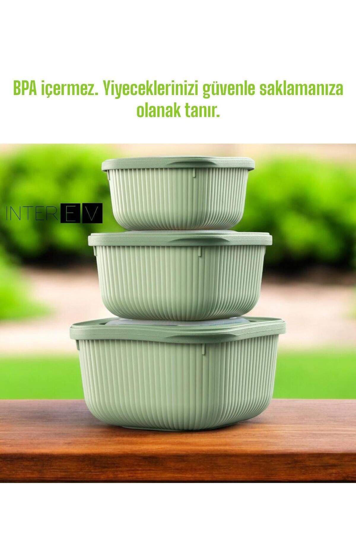 INTEREV-Set of 3 (600-1100-1800ml) Microwave and Diffuse Suitable Special Lid Storage Container Set Blue 3