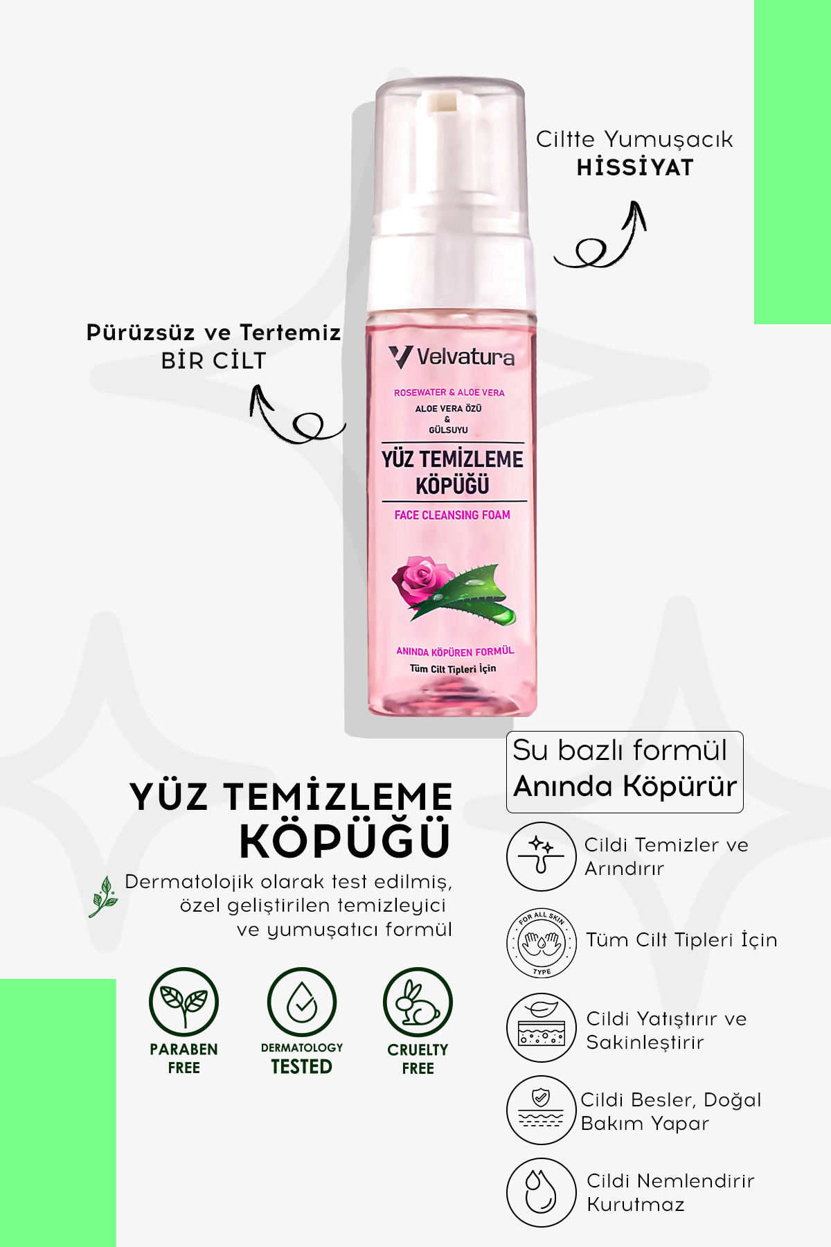 Yüz Temizleme Köpüğü Gül Suyu Ve Aloe Vera Yıkama Köpüğü Canlandırıcı, Ferahlatıcı Etkili 150 ml — yuztemizleme — تصویر 5 از 6