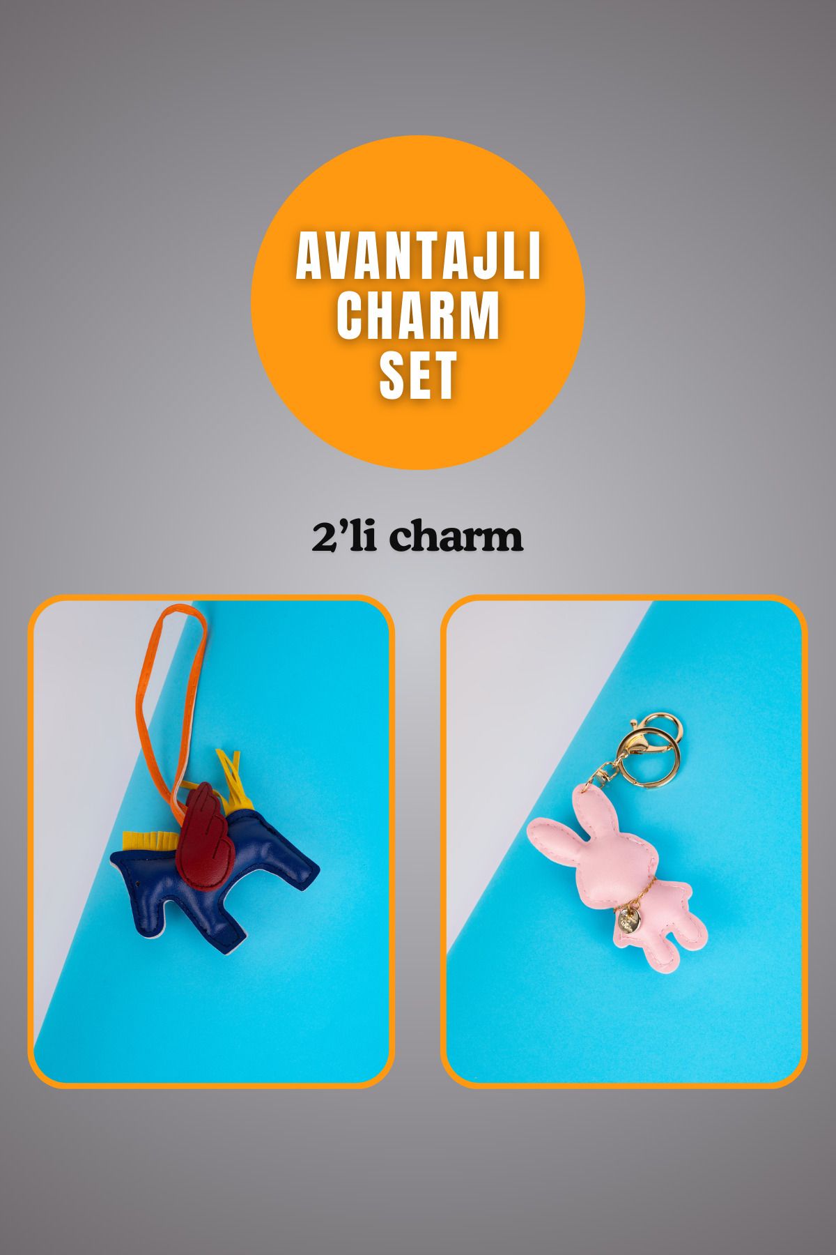 minebag Hayvan At Figürü Lacivert Ve Hayvan Tavşan Figürü Toz Pembe Charm Set