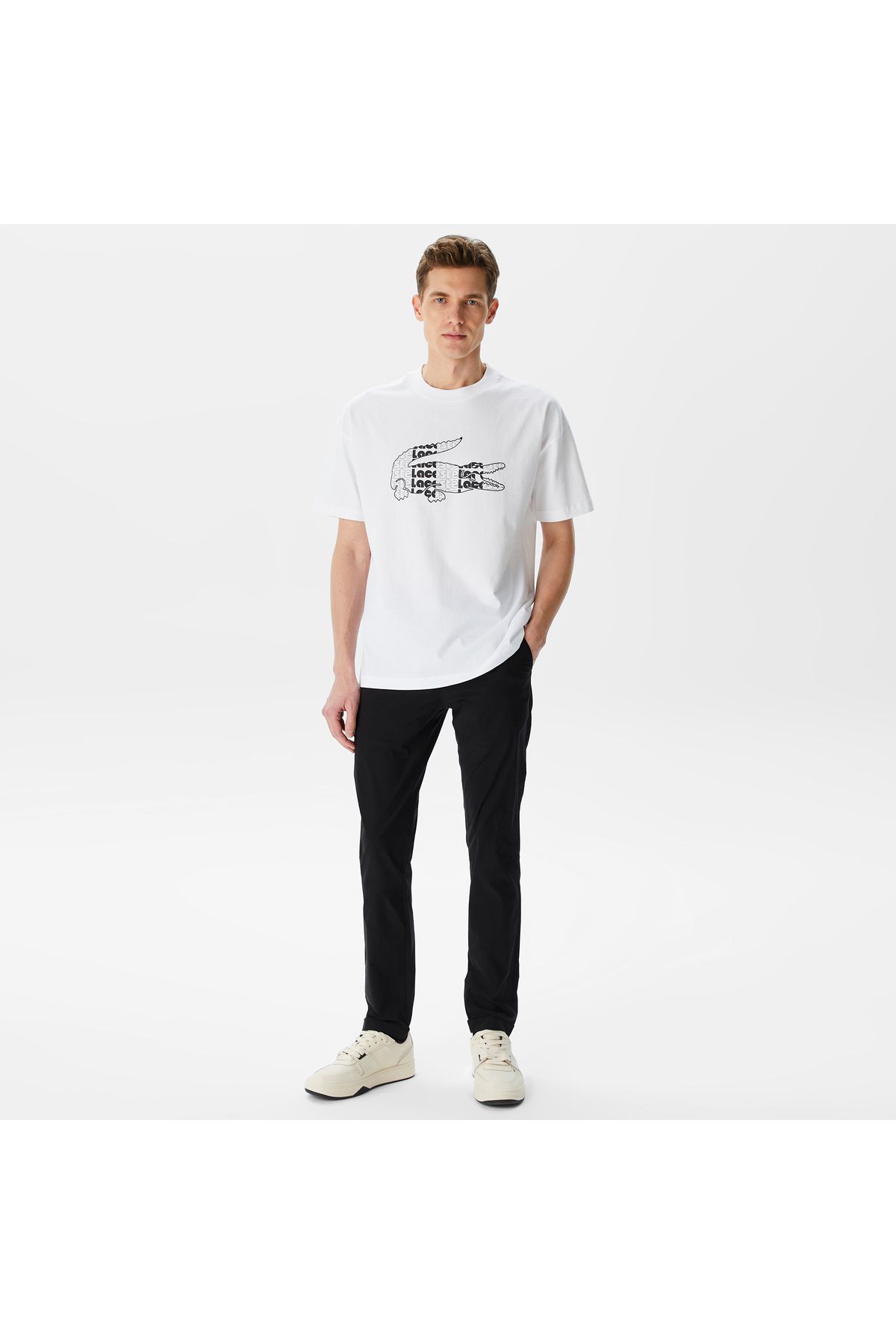 تی شرت سفید مردانه یقه دوچرخه مناسب طرح دار Lacoste