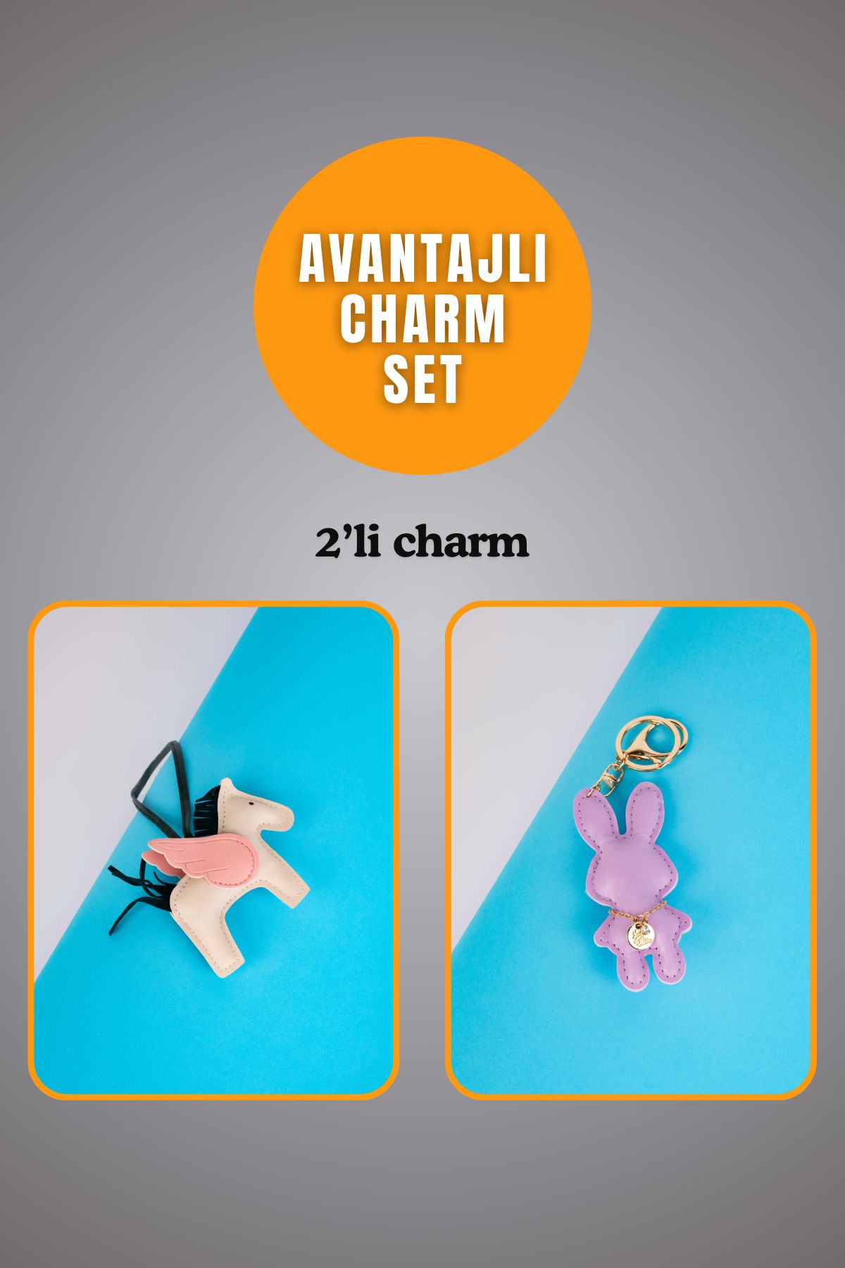 minebag Hayvan At Figürü Krem Ve Hayvan Tavşan Figürü Lila Charm Set