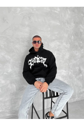 Ru Collective Unisex Üç İplik Kapşonlu Baskılı SweatShirt - Siyah