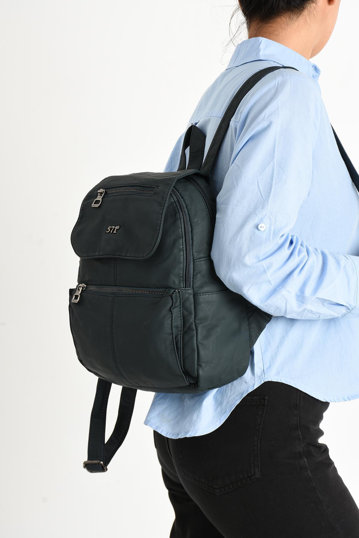 571 Collections Çanta  Yıkanmış Deri Sırt Çantası Mavi (Model: 571-9-11A) - Görsel 3