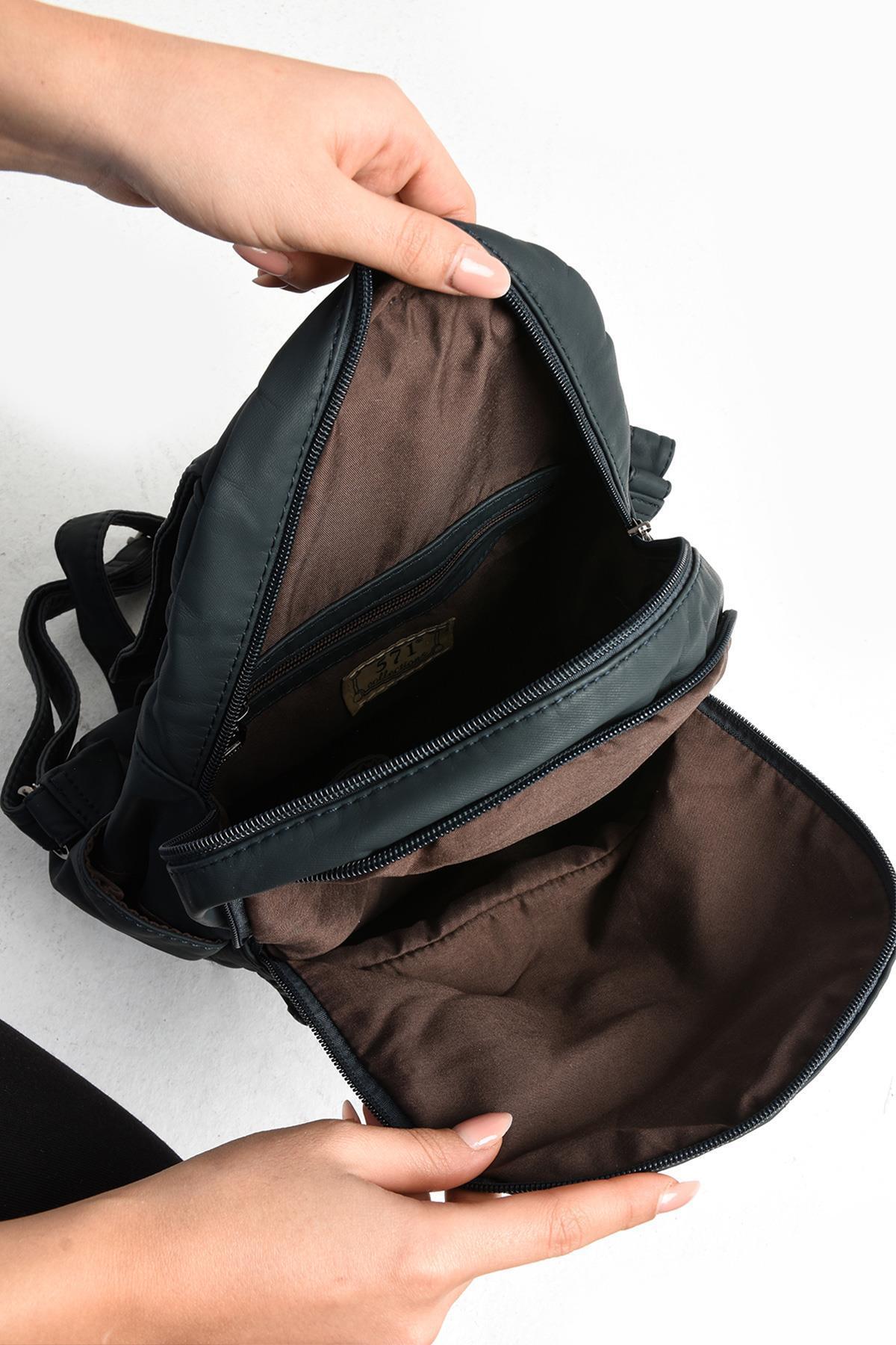 571 Collections Çanta  Yıkanmış Deri Sırt Çantası Mavi (Model: 571-9-11A) - Görsel 5