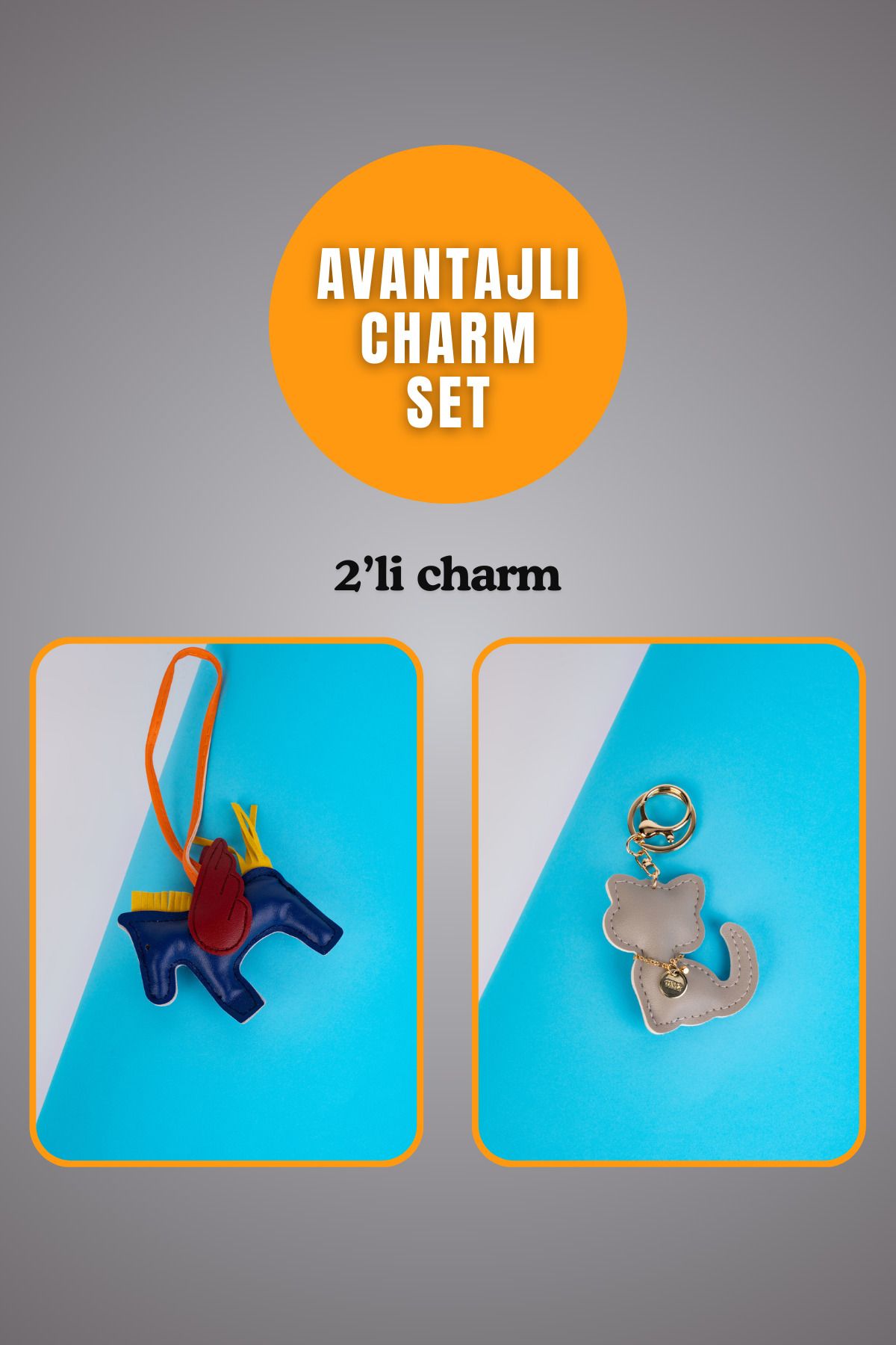 minebag Hayvan At Figürü Lacivert Ve Hayvan Kedi Figürü Gri Charm Set