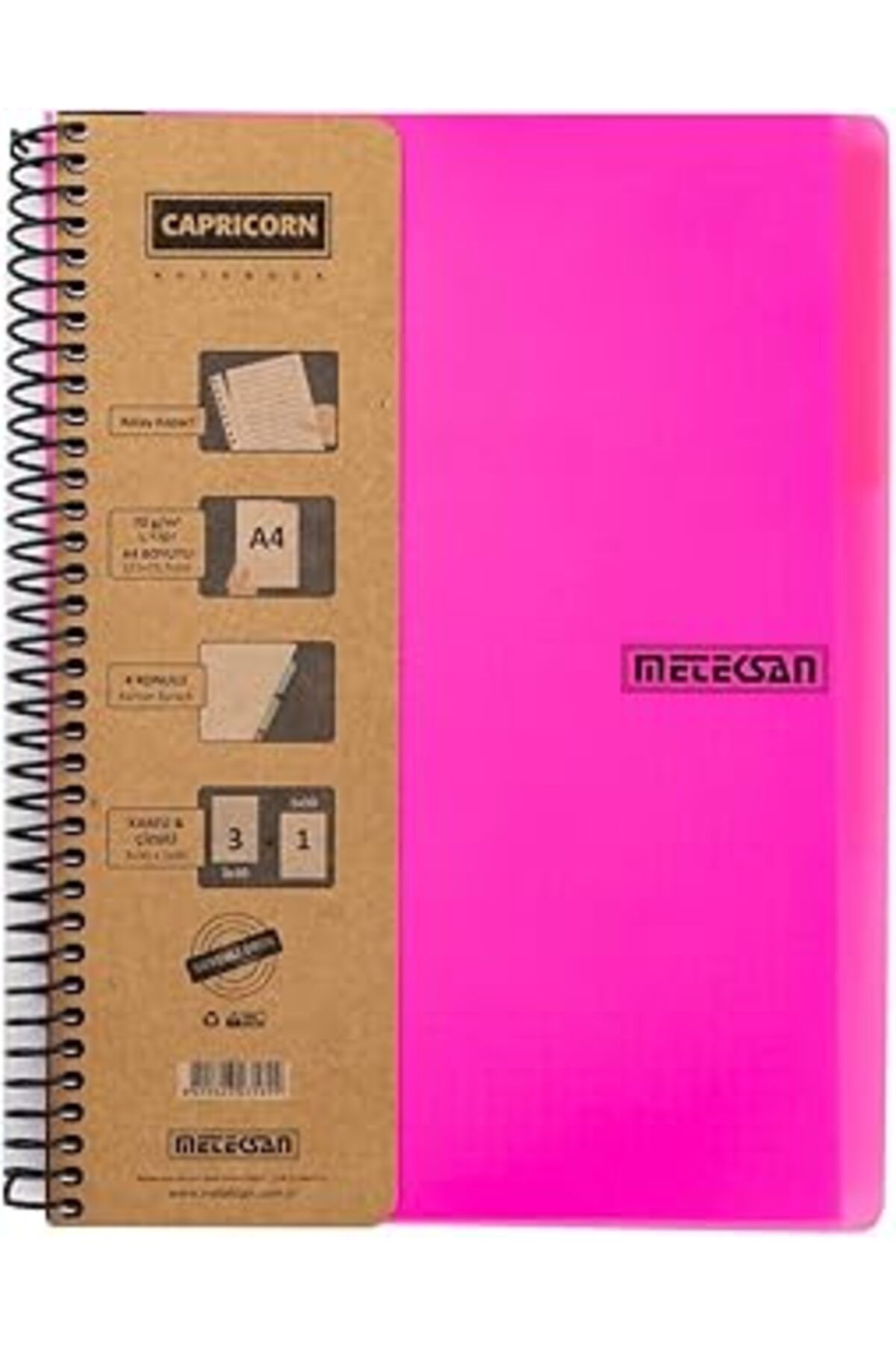 NZM TİCARET Meteksan Capricorn Neon Serisi, A4, 7 Konulu (5 Kareli, 2 Çizgili) 210 Yaprak Pp Kapaklı Spiralli D
