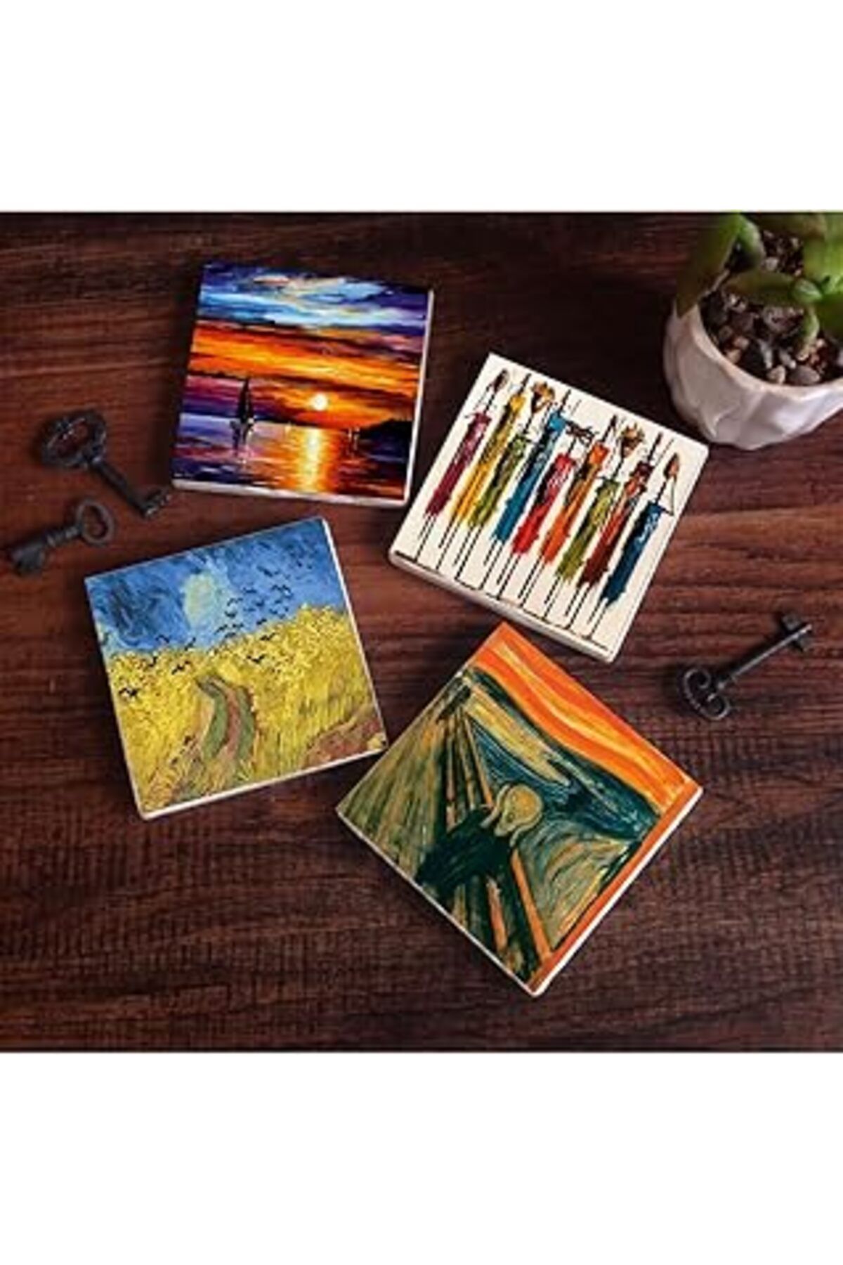 Mu Art Pinecone Van Gogh Buğday Tarlası Ve Kargalar, Çığlık, Yerli Kadınlar, Deniz Manzarası Taş Bardak Al