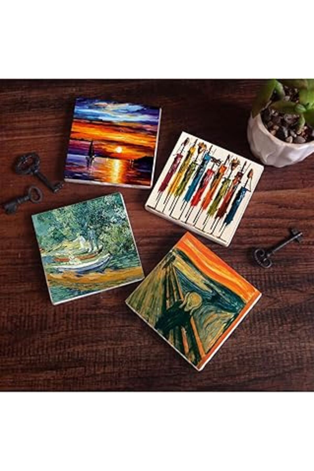 Mu Art Pinecone Van Gogh Auvers'Deki Oise Bankası, Çığlık, Yerli Kadınlar, Deniz Manzarası Taş Bardak Altl