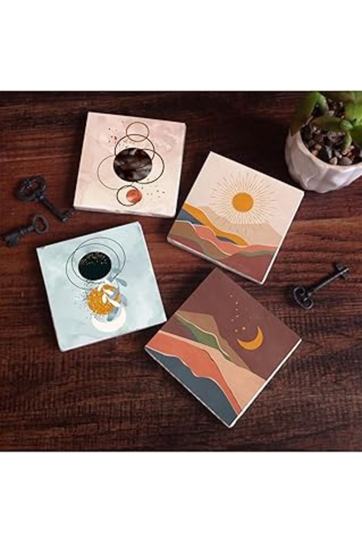 Mu Art Pinecone Minimalist Soyut, Bohem Taş Bardak Altlığı Seti - 4 Parça - Dekoratif, Rustik Mutfak Akses