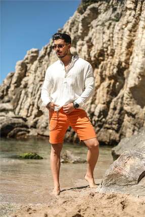 OUTFİT MAN Erkek Zincir Detaylı Jean Şort Turuncu