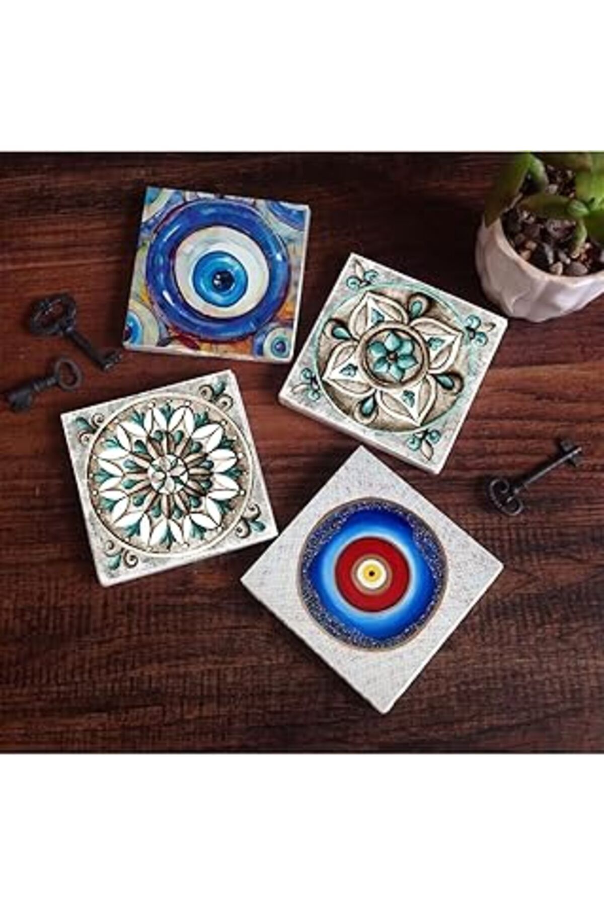 Mu Art Pinecone Nazar, Çini Sanatı Taş Bardak Altlığı Seti - 4 Parça - Dekoratif, Rustik Mutfak Aksesuarı,