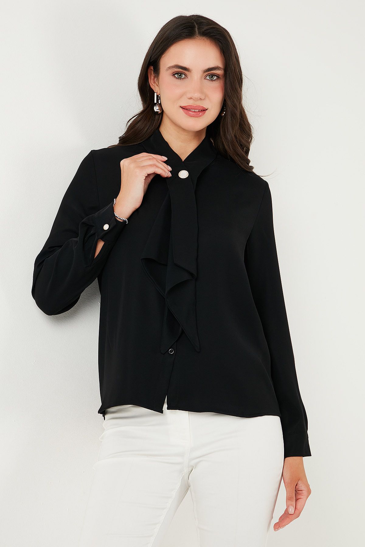 Lela-Standard Fit Rhinestone Button Scarf Collar Long Sleeve Shirt Shirt 611Go00333 6