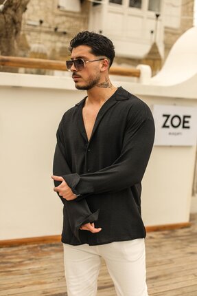OUTFİT MAN Erkek Dokulu Oversize Gömlek Siyah