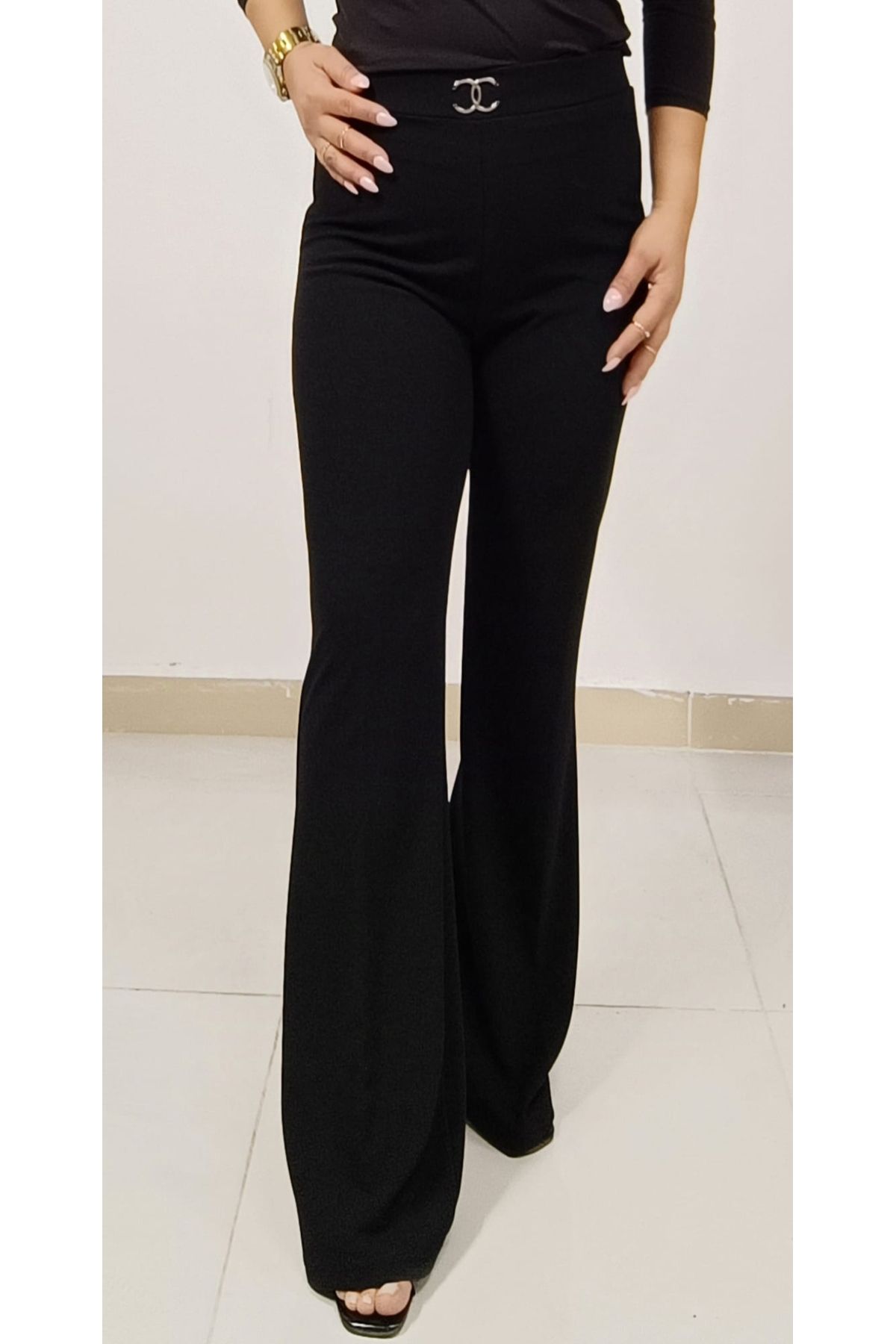 AKŞEN GİYİM-Large Size Flared Leg Transverse Length Lycra Seasonal Scuba Crepe Fabric Trousers 4