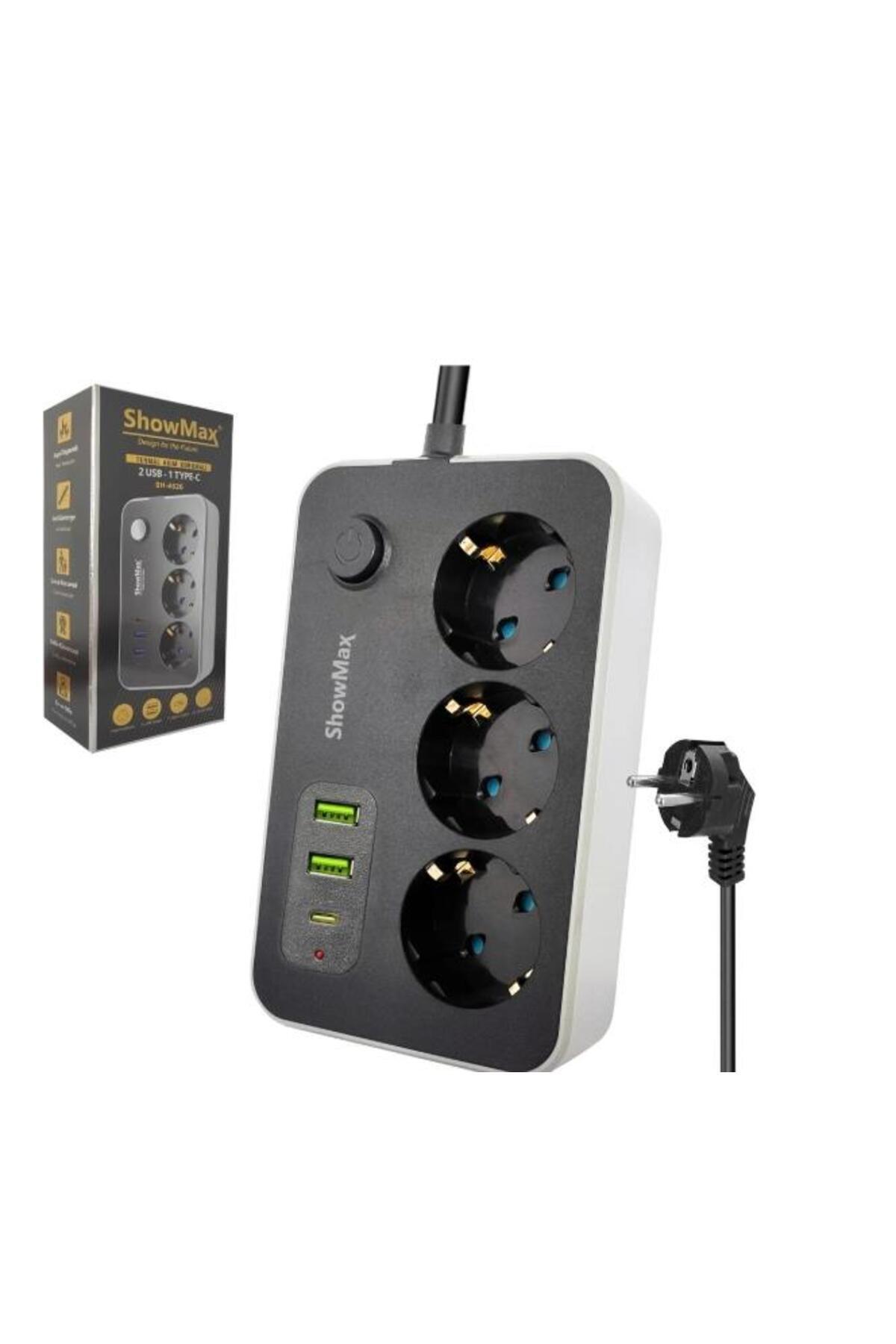 ShowMax Sh4626 Termal Akım Korumalı Uzatma Kablosu 3*Priz + 2*Usb