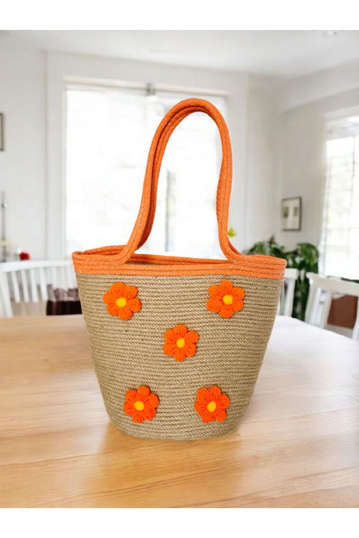 Collessia Home-Handmade Special Design Daisy Flower Motif Jute Straw Bag Rope Bag 7