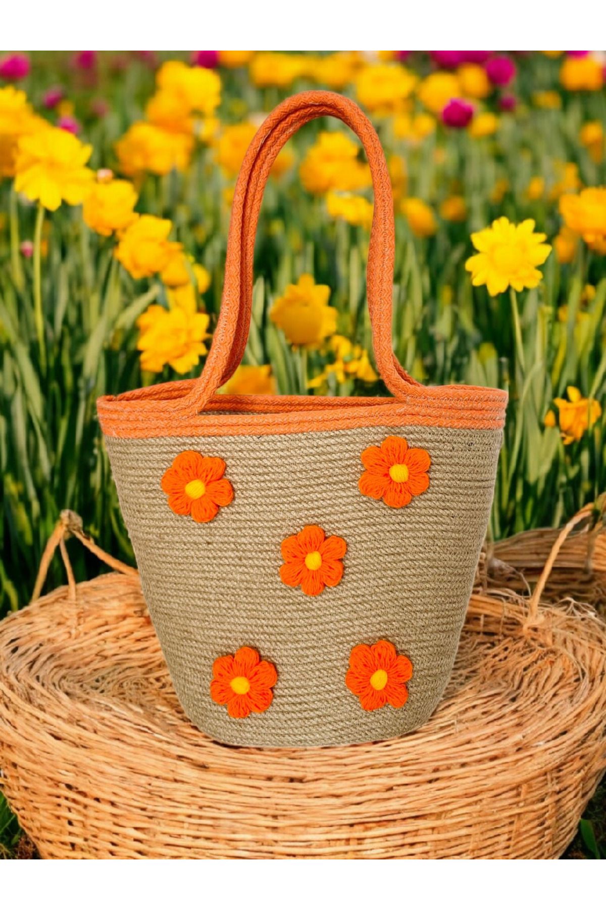 Collessia Home-Handmade Special Design Daisy Flower Motif Jute Straw Bag Rope Bag 5