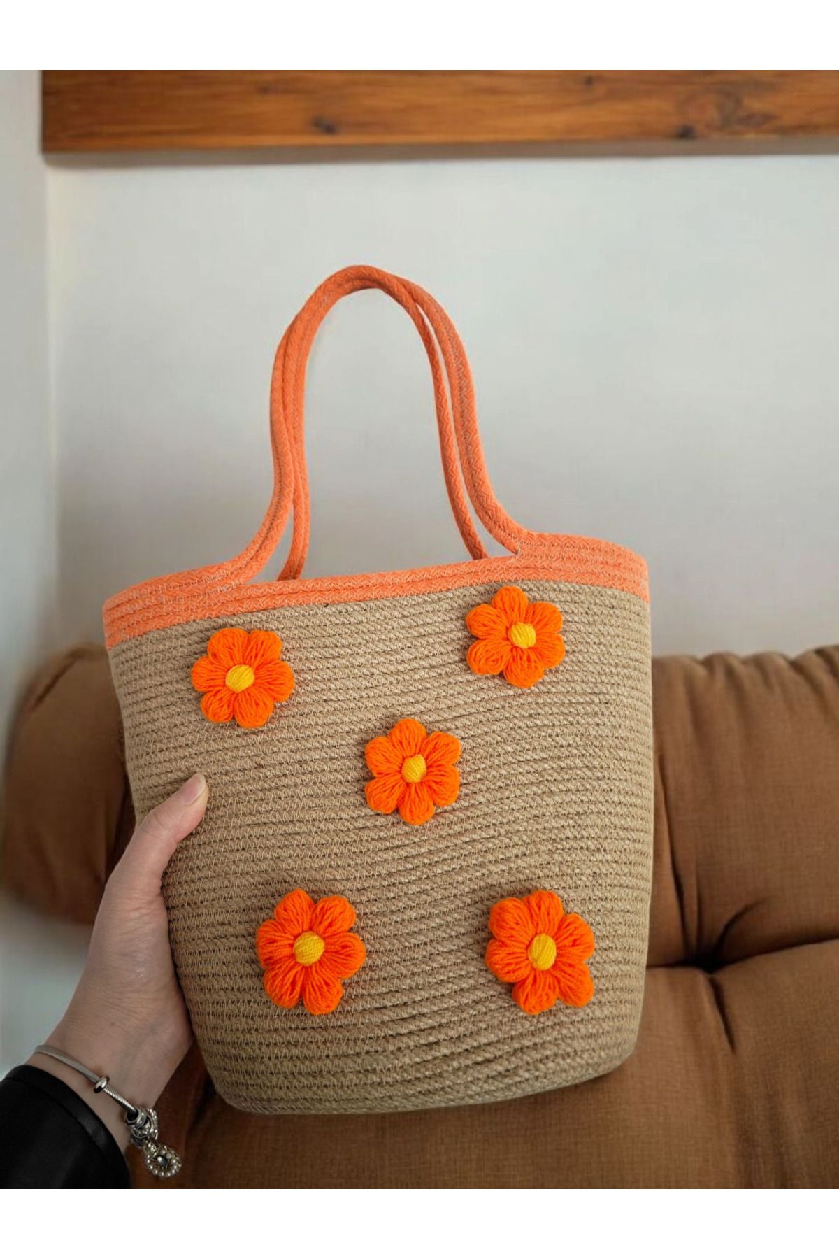 Collessia Home-Handmade Special Design Daisy Flower Motif Jute Straw Bag Rope Bag 6