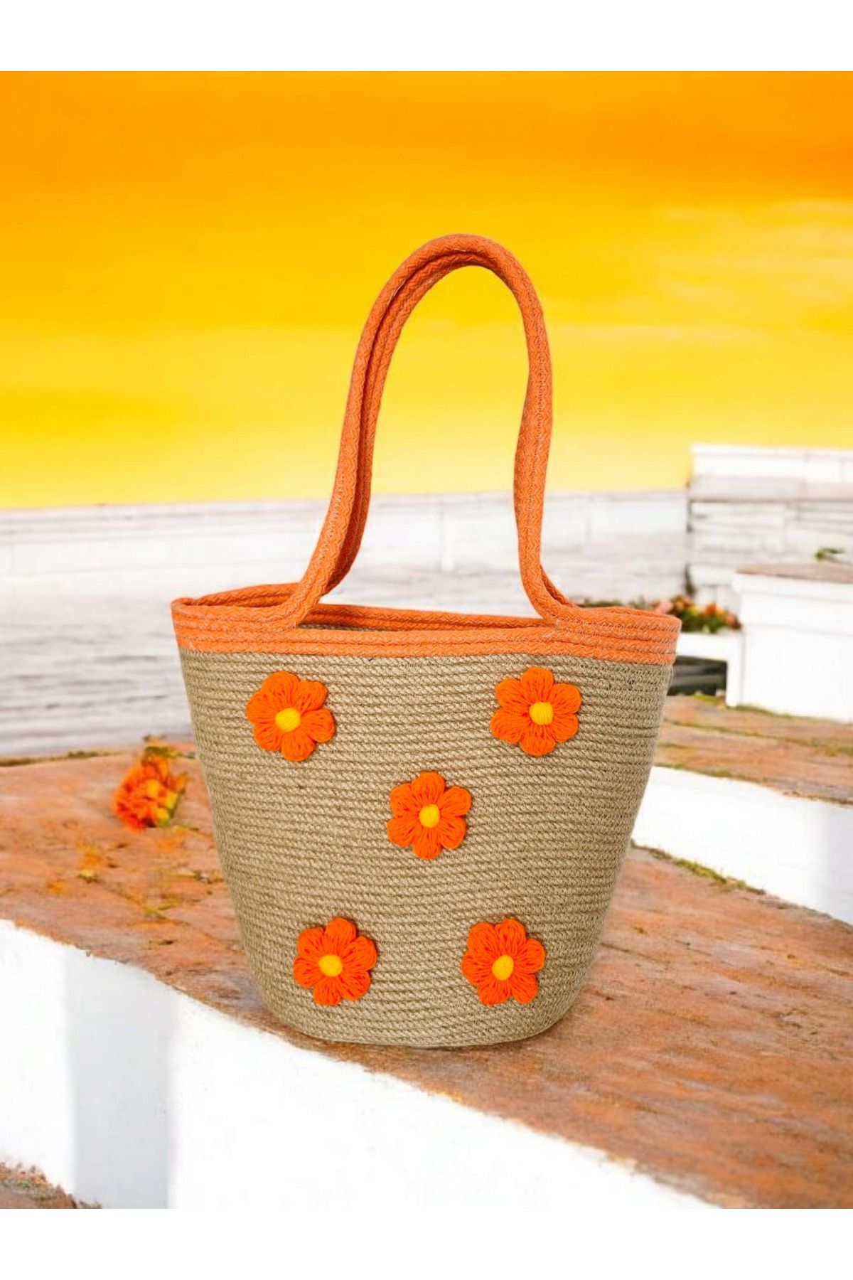 Collessia Home-Handmade Special Design Daisy Flower Motif Jute Straw Bag Rope Bag 1