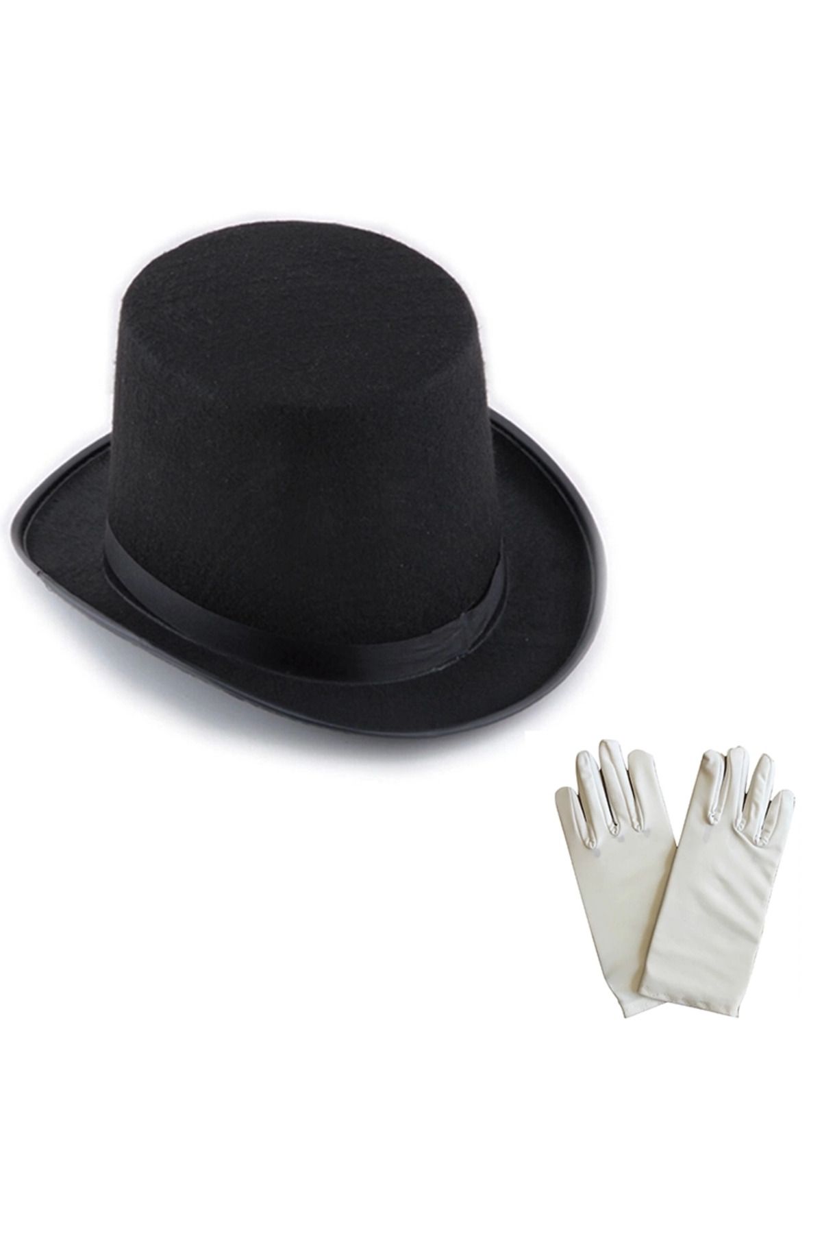 Easy Tedarik Siyah Sihirbaz Fötr Şapka 15 Cm - 1 Çift Beyaz Sihirbaz Eldiveni - Yetişkin Boy