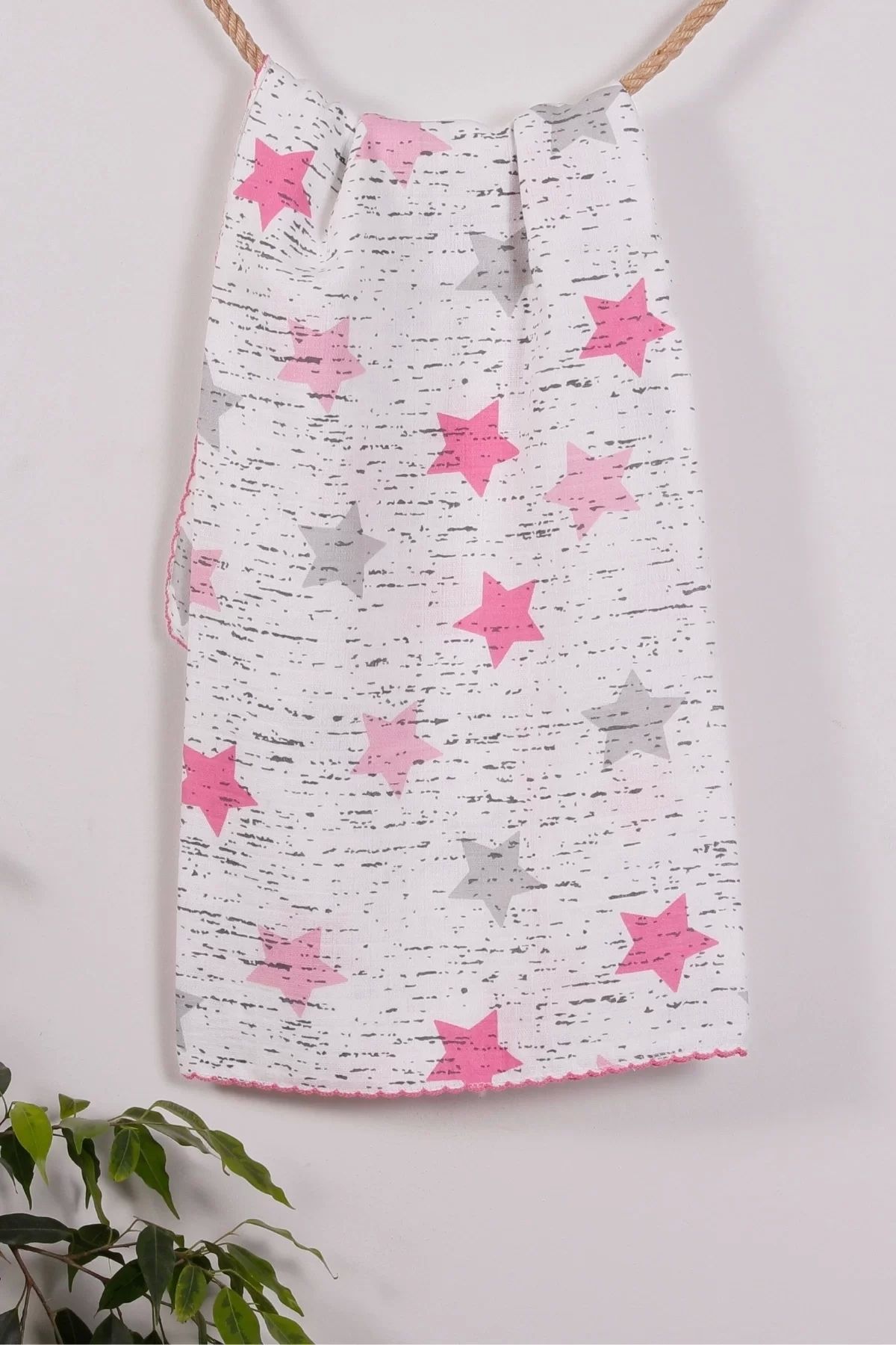 little stars Pembe Yıldız Desenli 95*120 Müslin Bebek Battaniyesi