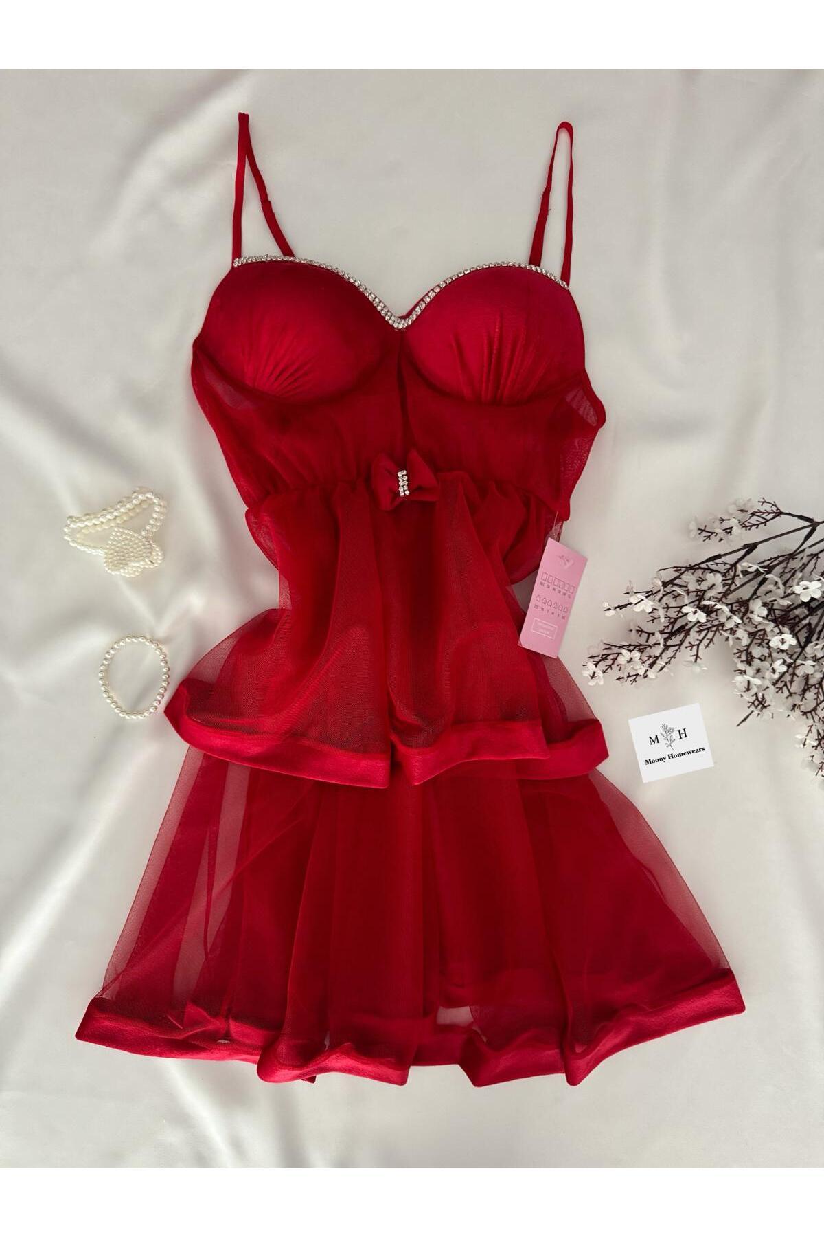 MH Moony Homewears Kutulu Kıpkırmızı Kadife Lüks Taş Detay Gecelik