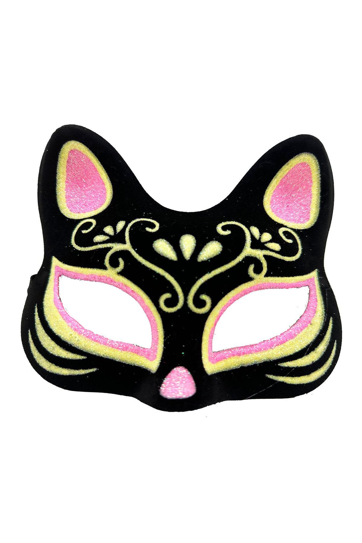 Kuzgun Ticaret Siyah Renk Süet Kaplama Üzeri Pembe Sarı Simli Kedi Maskesi 17x14 cm (4767) - Lisinya