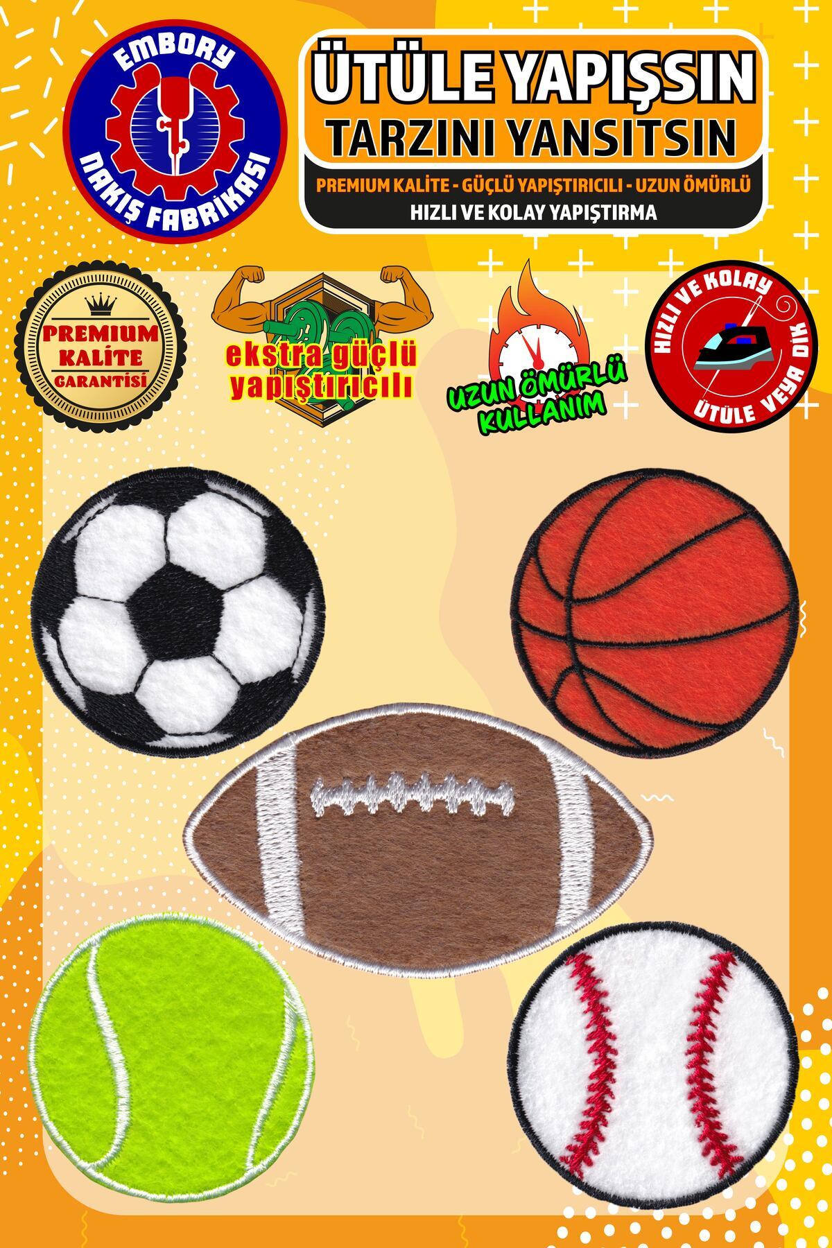 Embory Ütü ile Yapışan Arma Yama, Top Seti (5 ADET) Ütüyle Yapışan Nakış Dokuma Aplike Patch