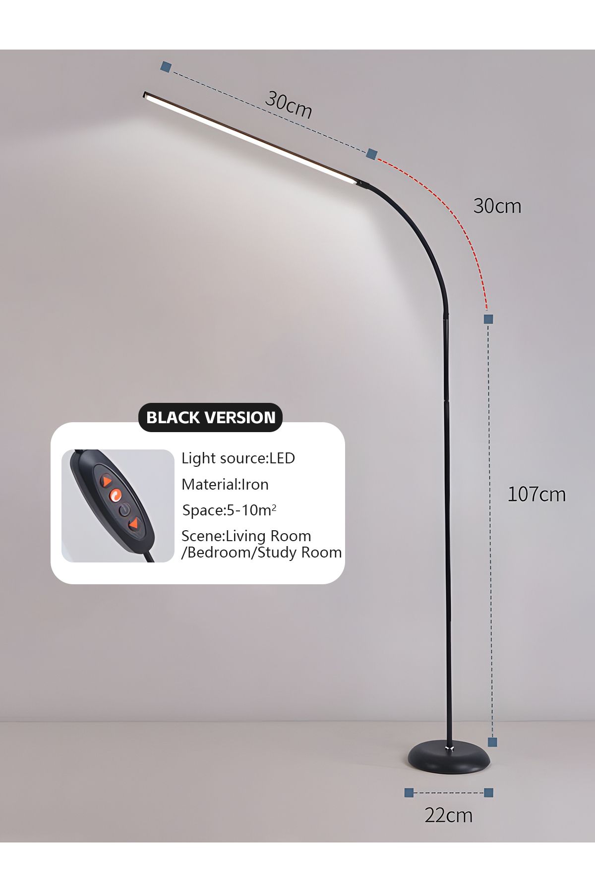 COOYA-مصباح أرضي LED بسيط، قابل للتعديل بزاوية 360 درجة، مفتاح زر ضغط، سطوع ثابت، 12 وات، أسود 3