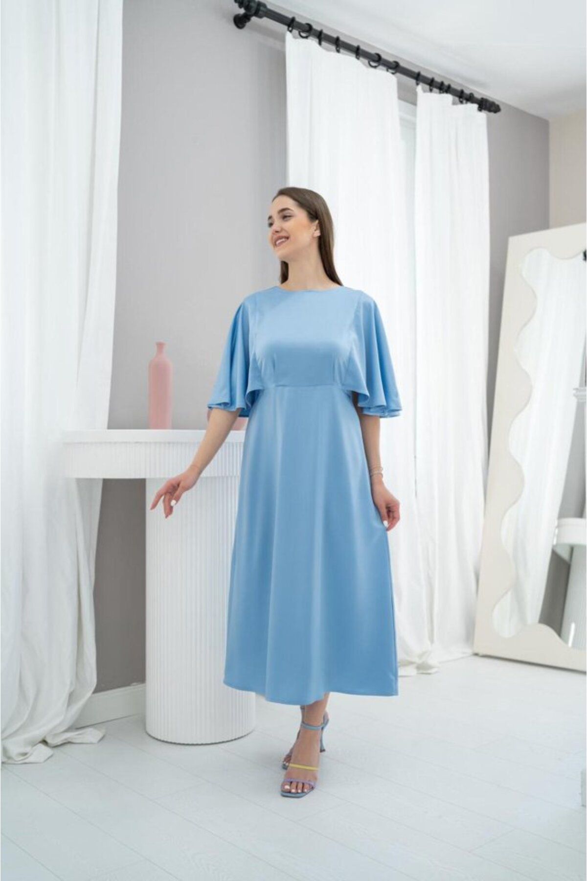ASFSTORE Mavi Arkası Bağcıklı Elbise