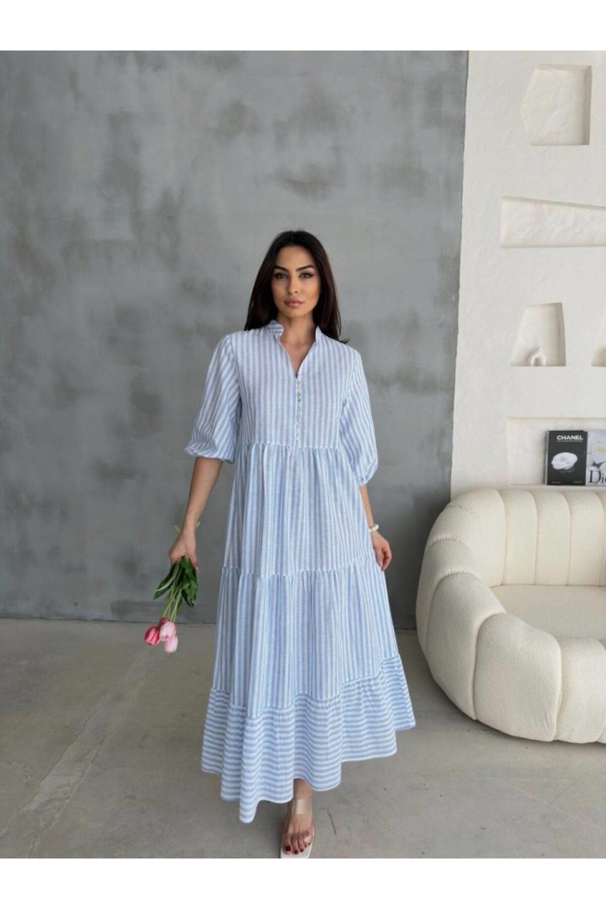 MHT STORE ÇİZGİLİ KETEN HAKİM YAKA DÜĞMELİ SALAŞ ELBİSE - Mavi