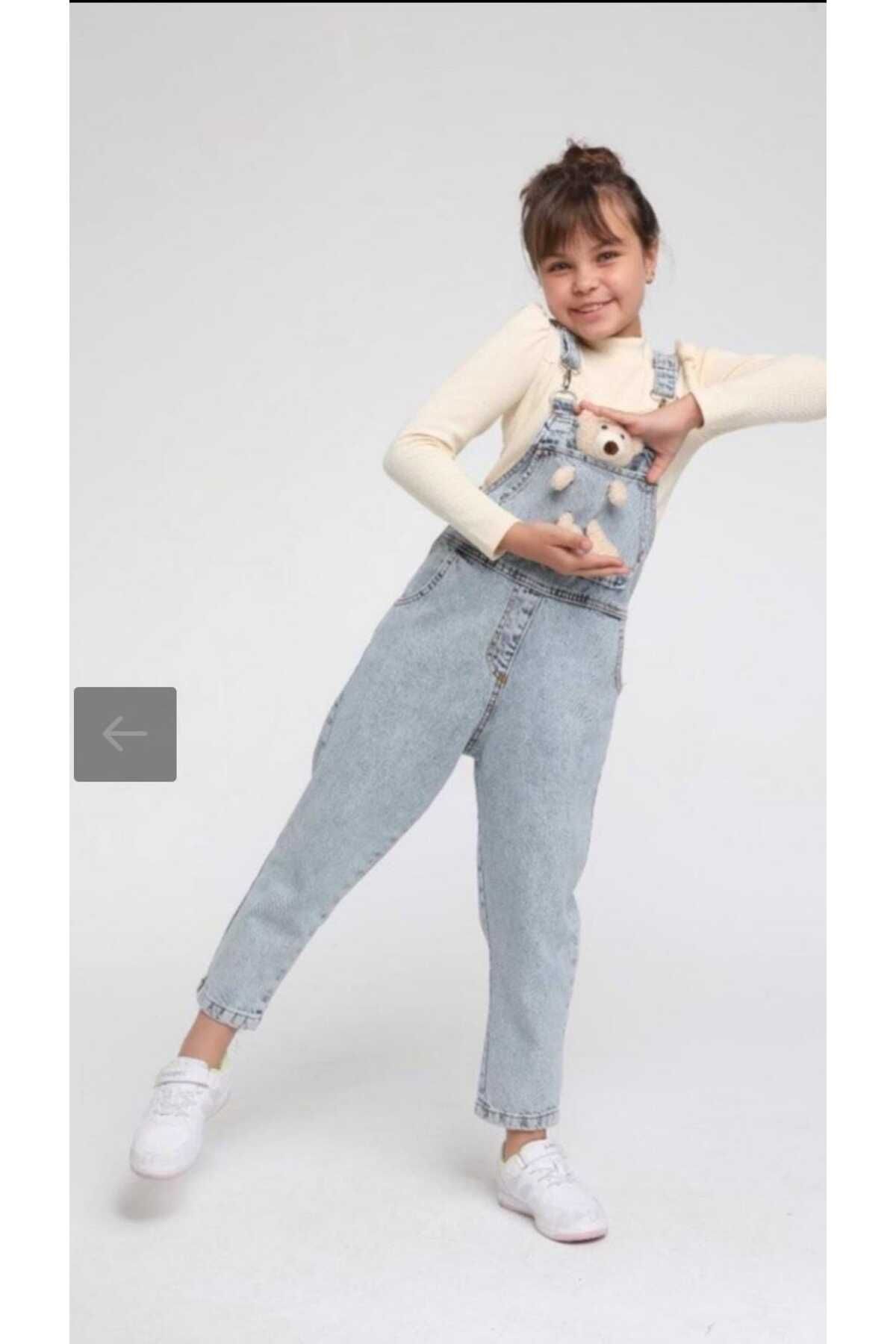OliveYouMom-Salopetă din denim cu detaliu ursuleț pentru fetiță 4