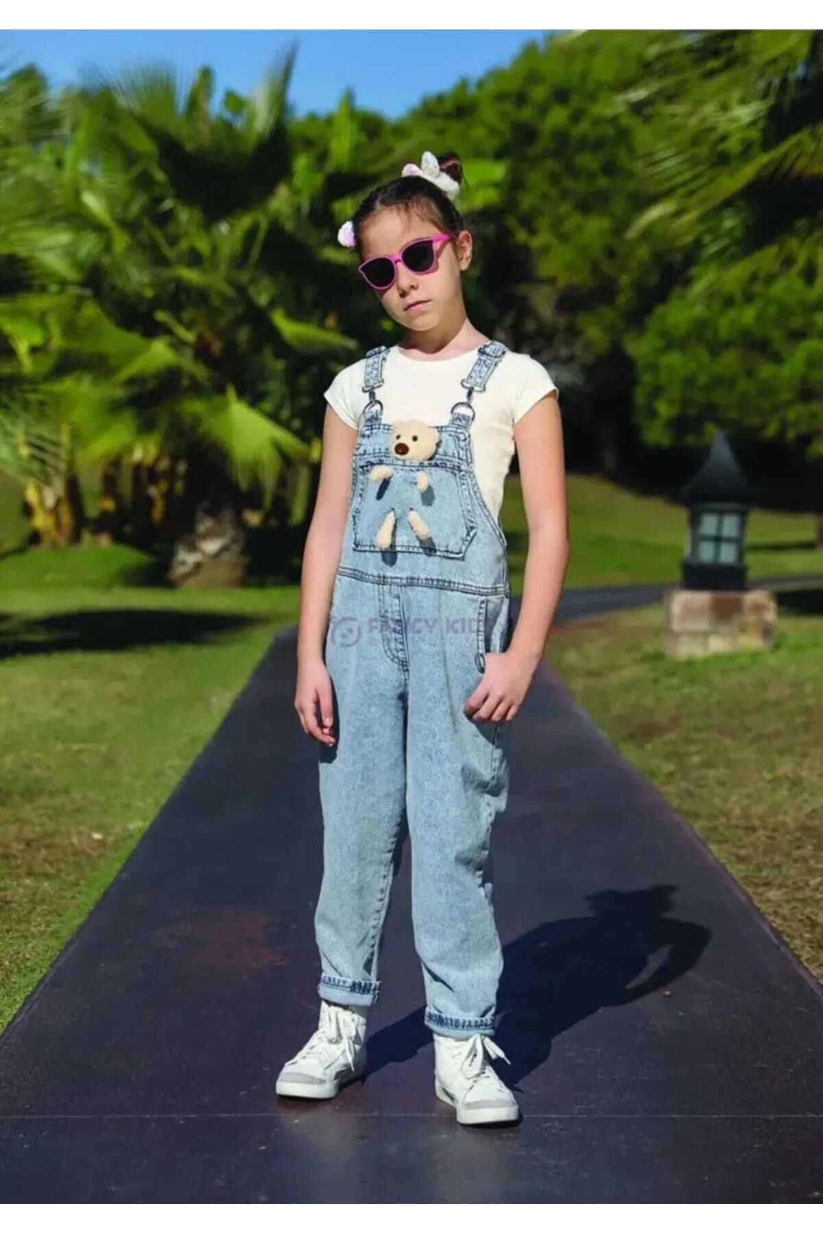 OliveYouMom-Salopetă din denim cu detaliu ursuleț pentru fetiță 3