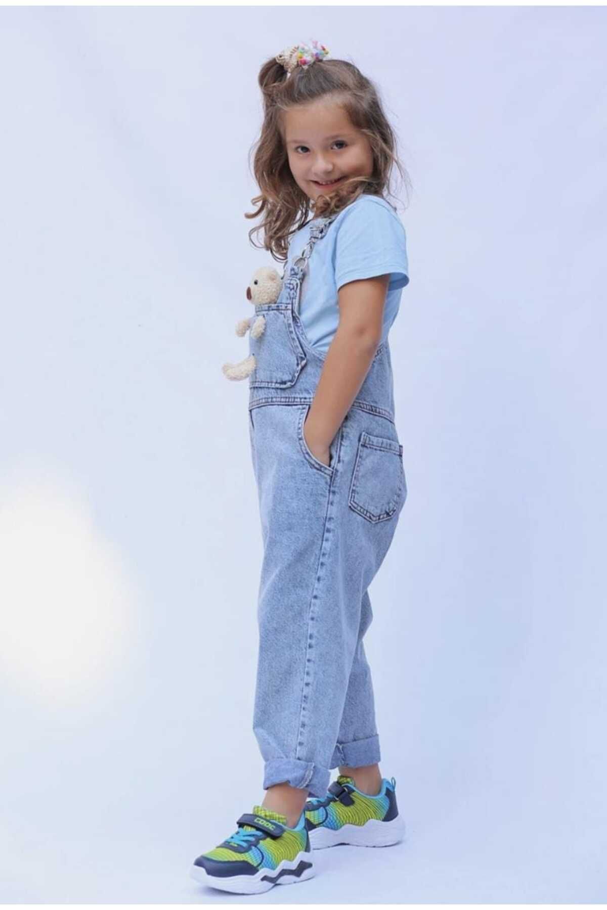 OliveYouMom-Salopetă din denim cu detaliu ursuleț pentru fetiță 2