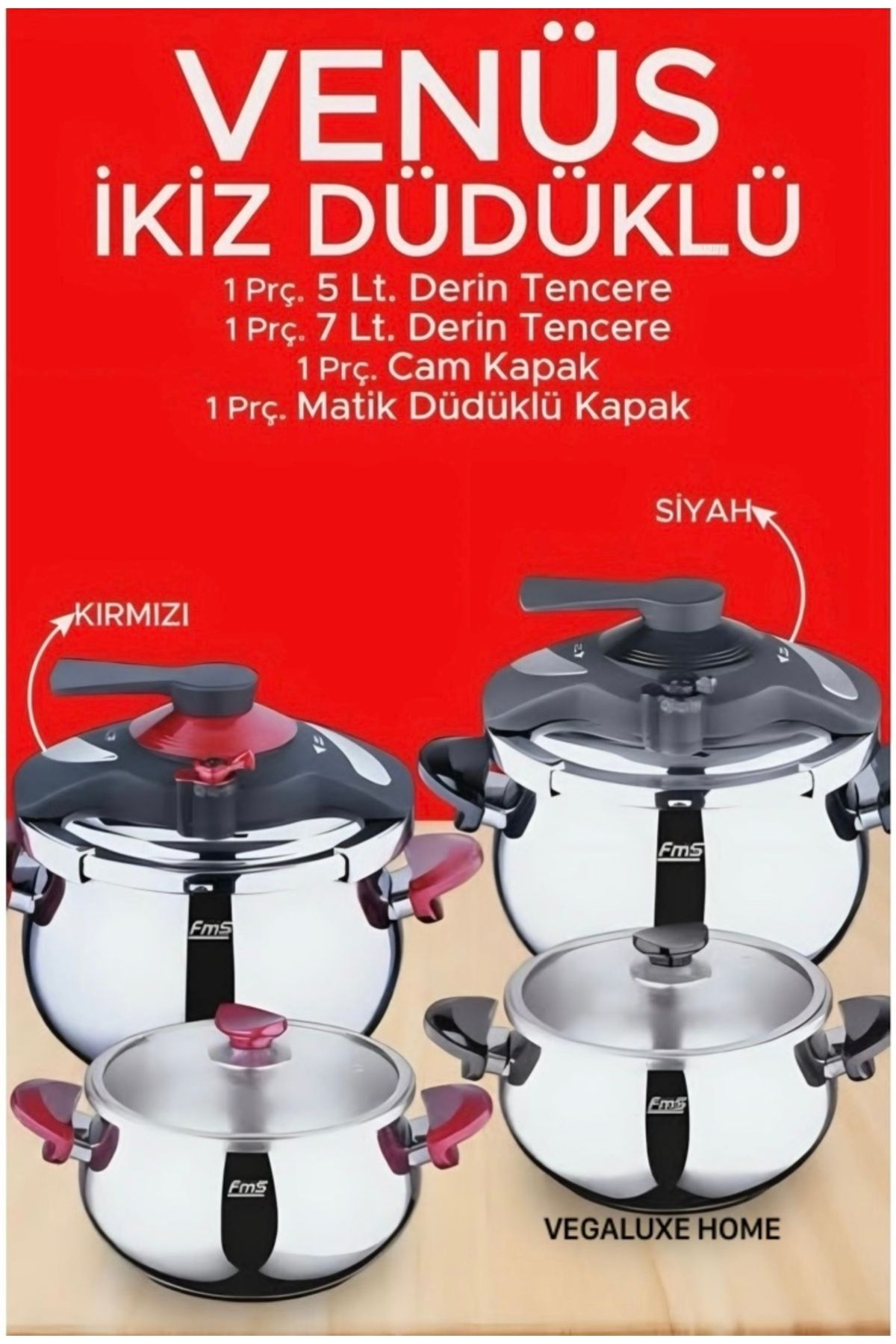 FMS Venüs Ikiz 5 7 Litre Güveç Düdüklü Tencere Seti Cam Kapak Siyah